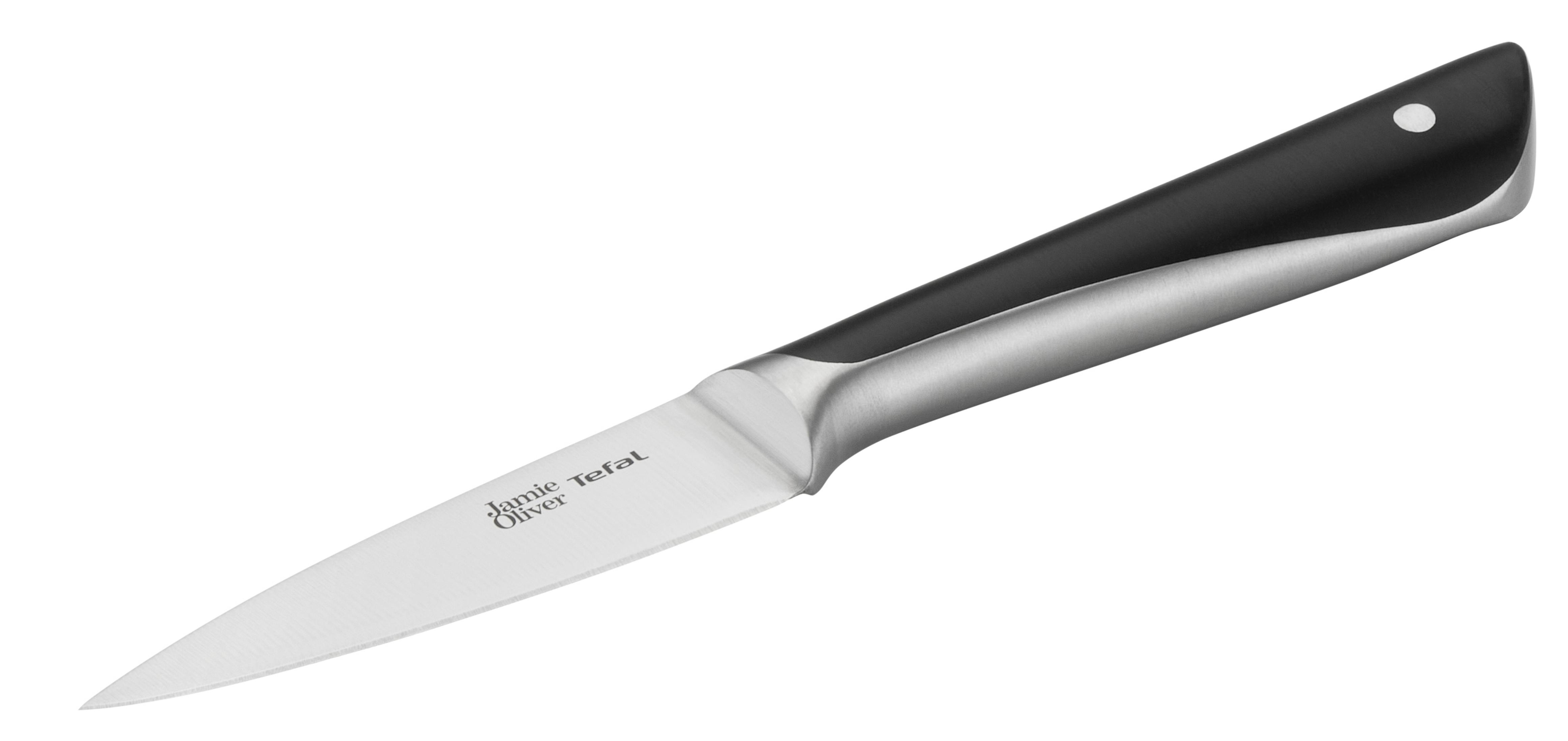 Ein Küchenmesser mit schwarzem Griff und silbernem Metalleinsatz.