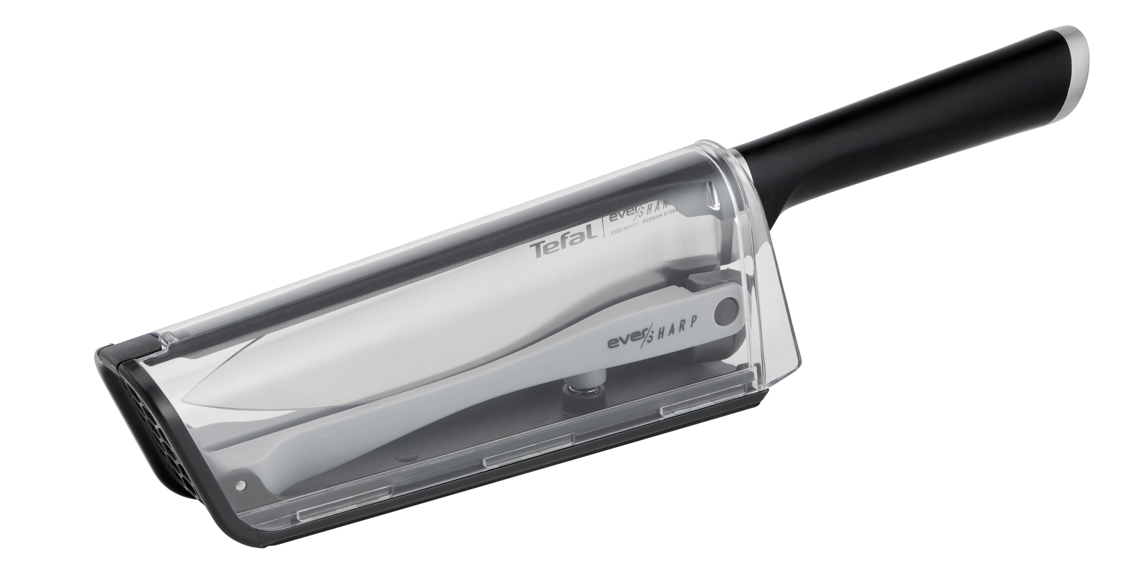Un affûteur de couteaux Tefal avec manche noir et boîtier transparent.