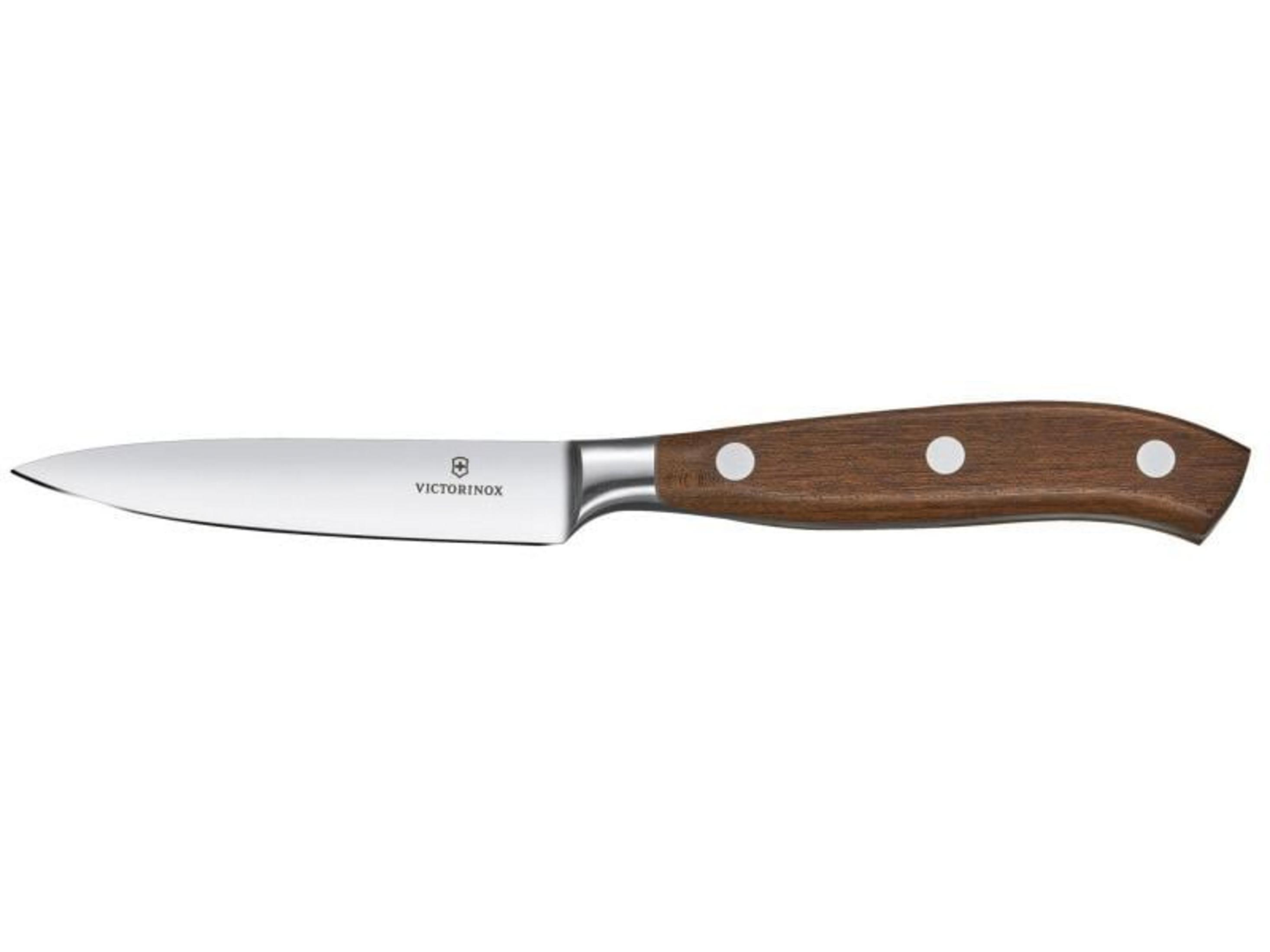Ein Victorinox Schälmesser mit polierter Stahlklinge und braunem Holzgriff.
