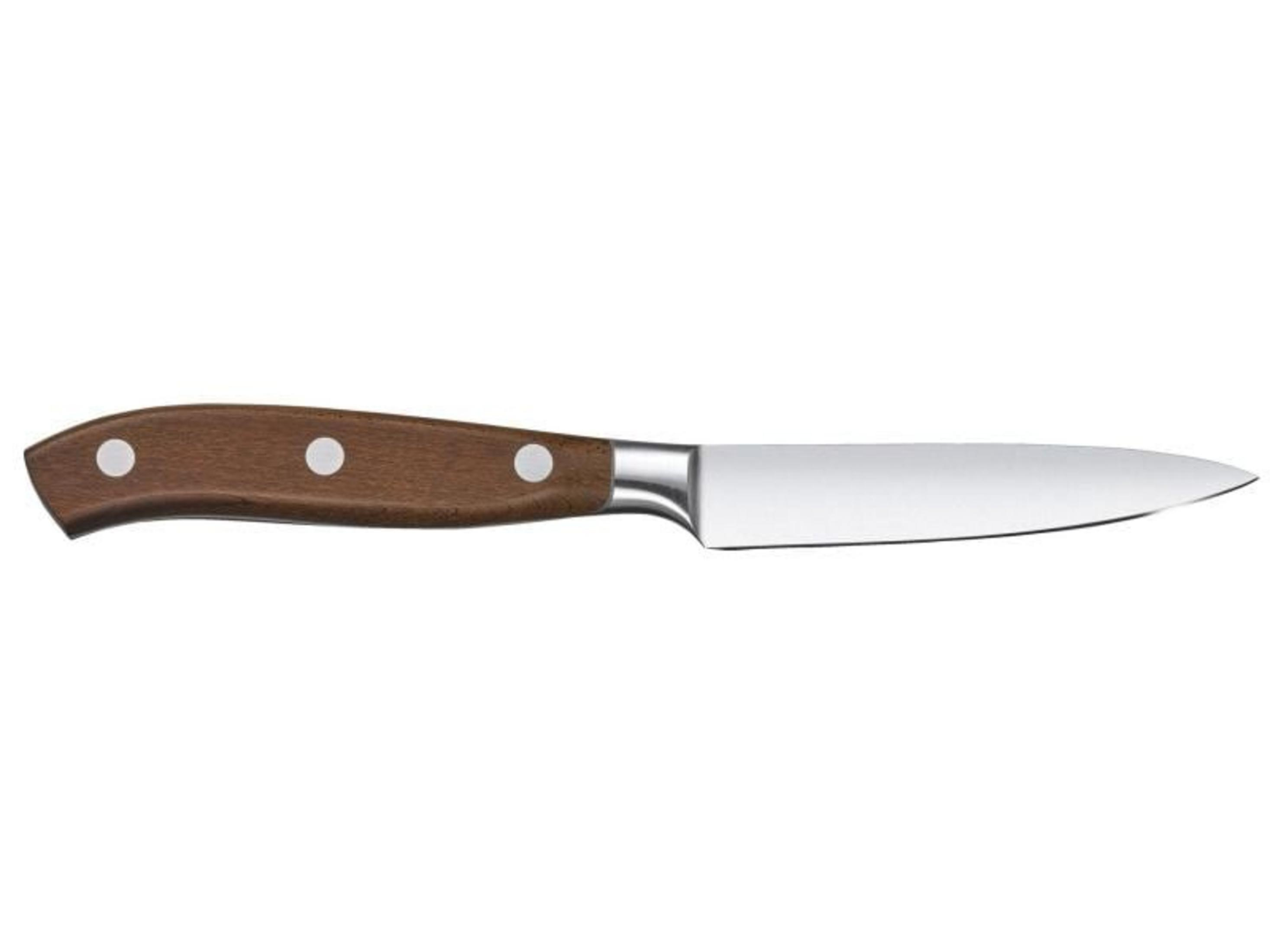 Ein Kochmesser mit braunem Holzgriff und silberner Klinge.