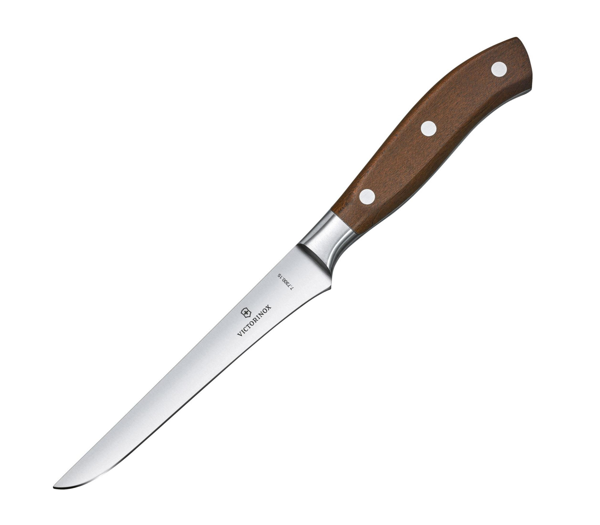 Ein spitzes Victorinox-Messer mit braunem Holzgriff und Nieten.