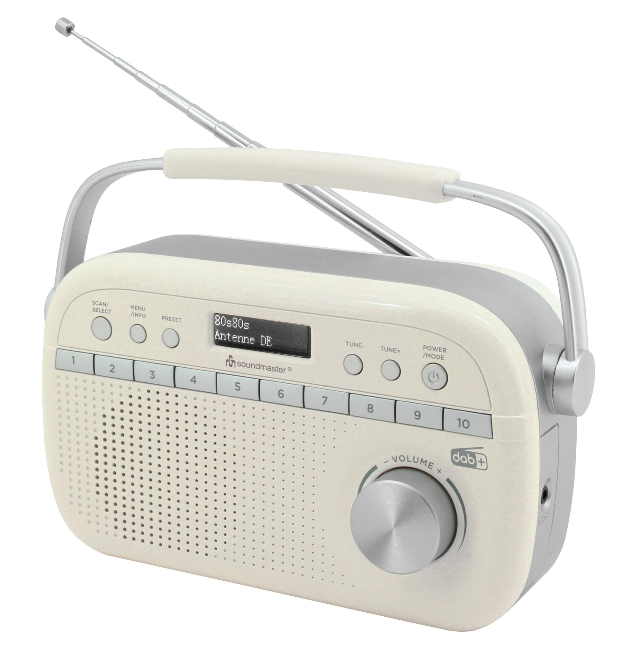 Ein cremefarbener DAB+-Radio mit silbernem Griff und Antenne.