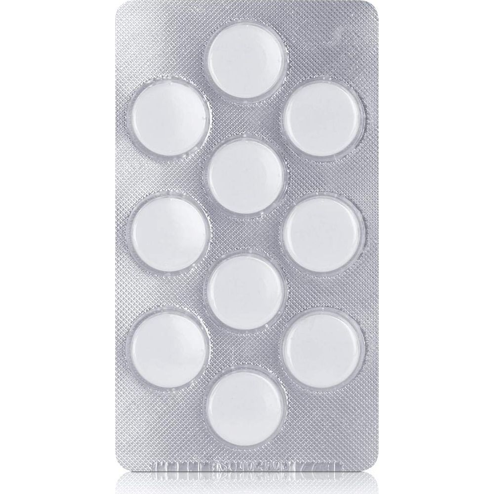 Verpackung mit acht weißen runden Tabletten in Blisterpackung.