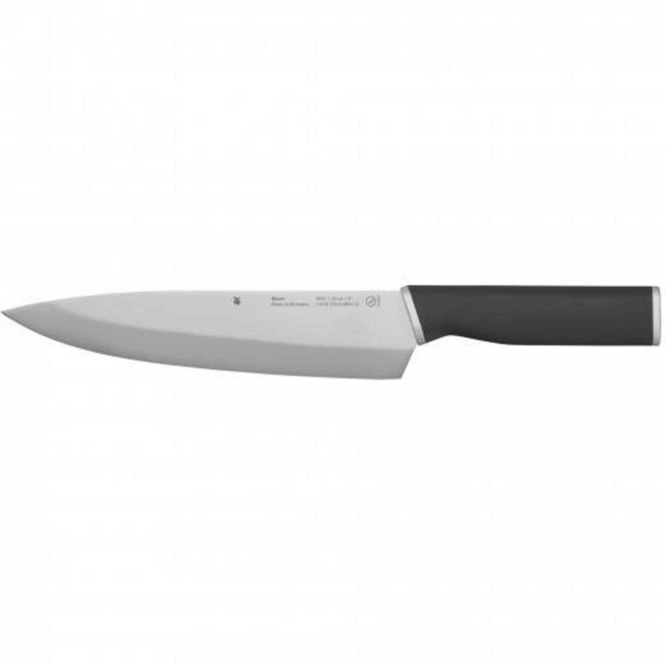 Ein silbernes Küchenmesser mit schwarzem Griff auf weißem Hintergrund.