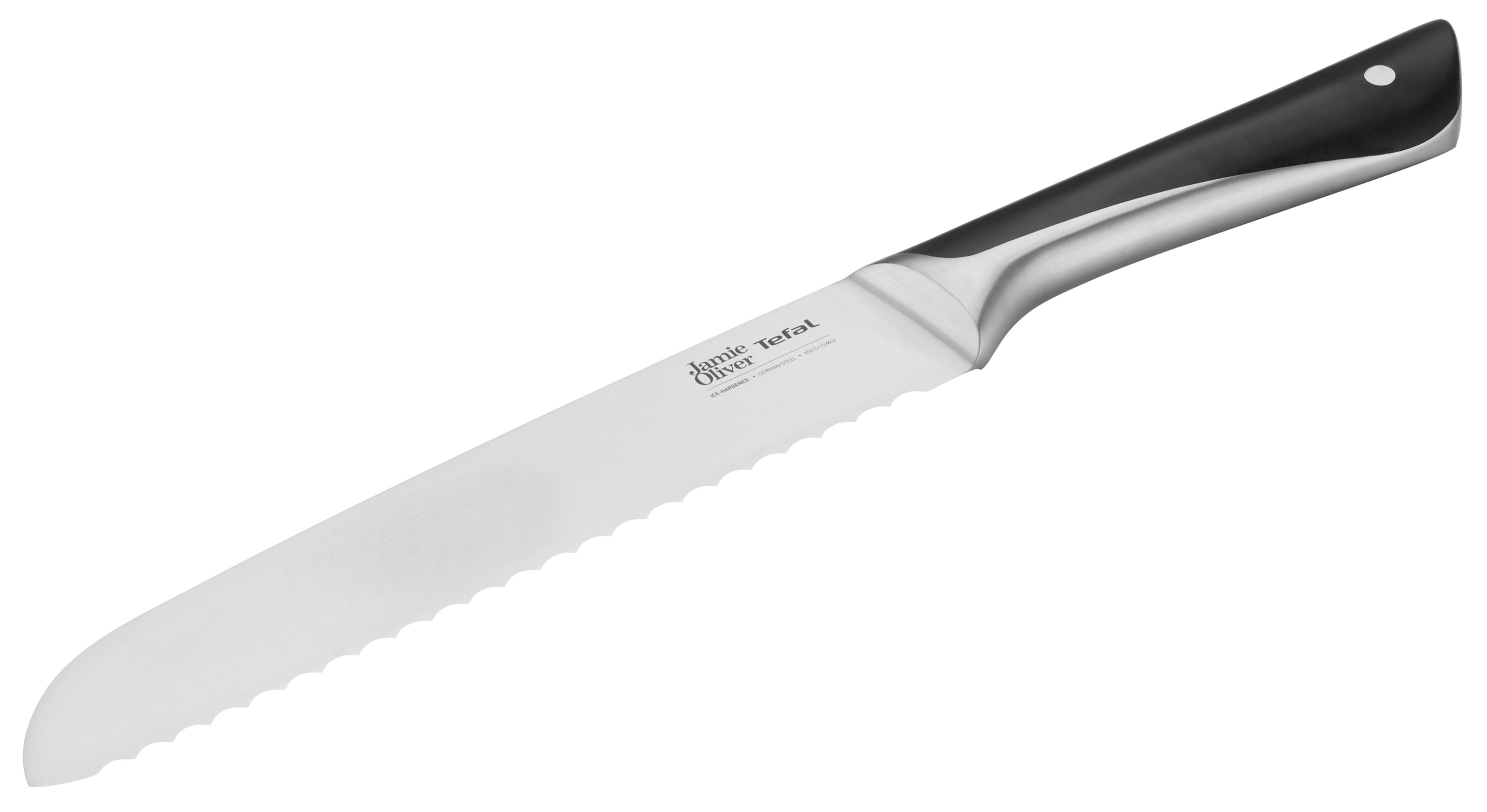 Ein silbernes Brotmesser mit gezackter Klinge und schwarzem Griff.