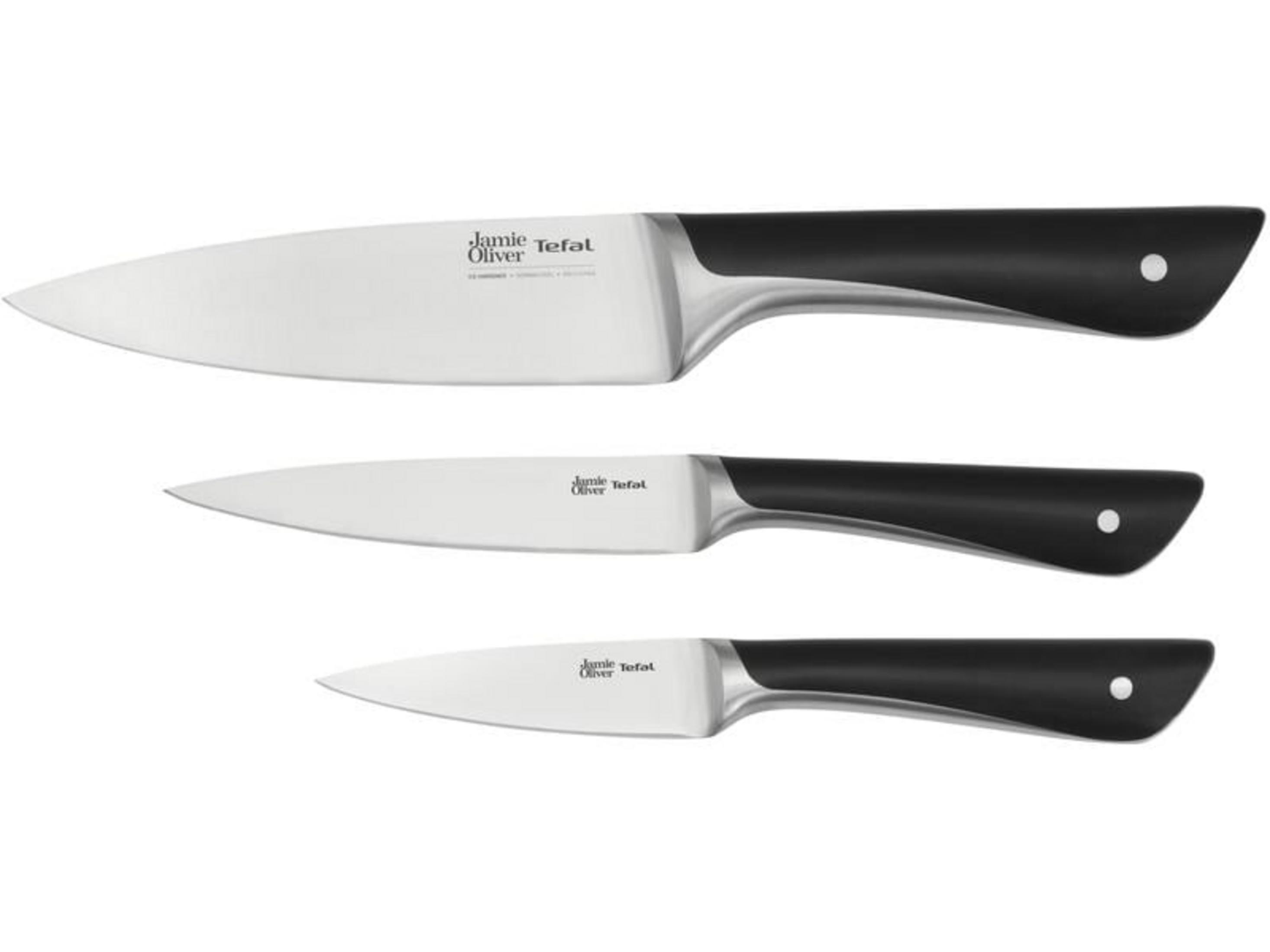 Drei Jamie Oliver Tefal Messer mit schwarzen Griffen liegen nebeneinander.