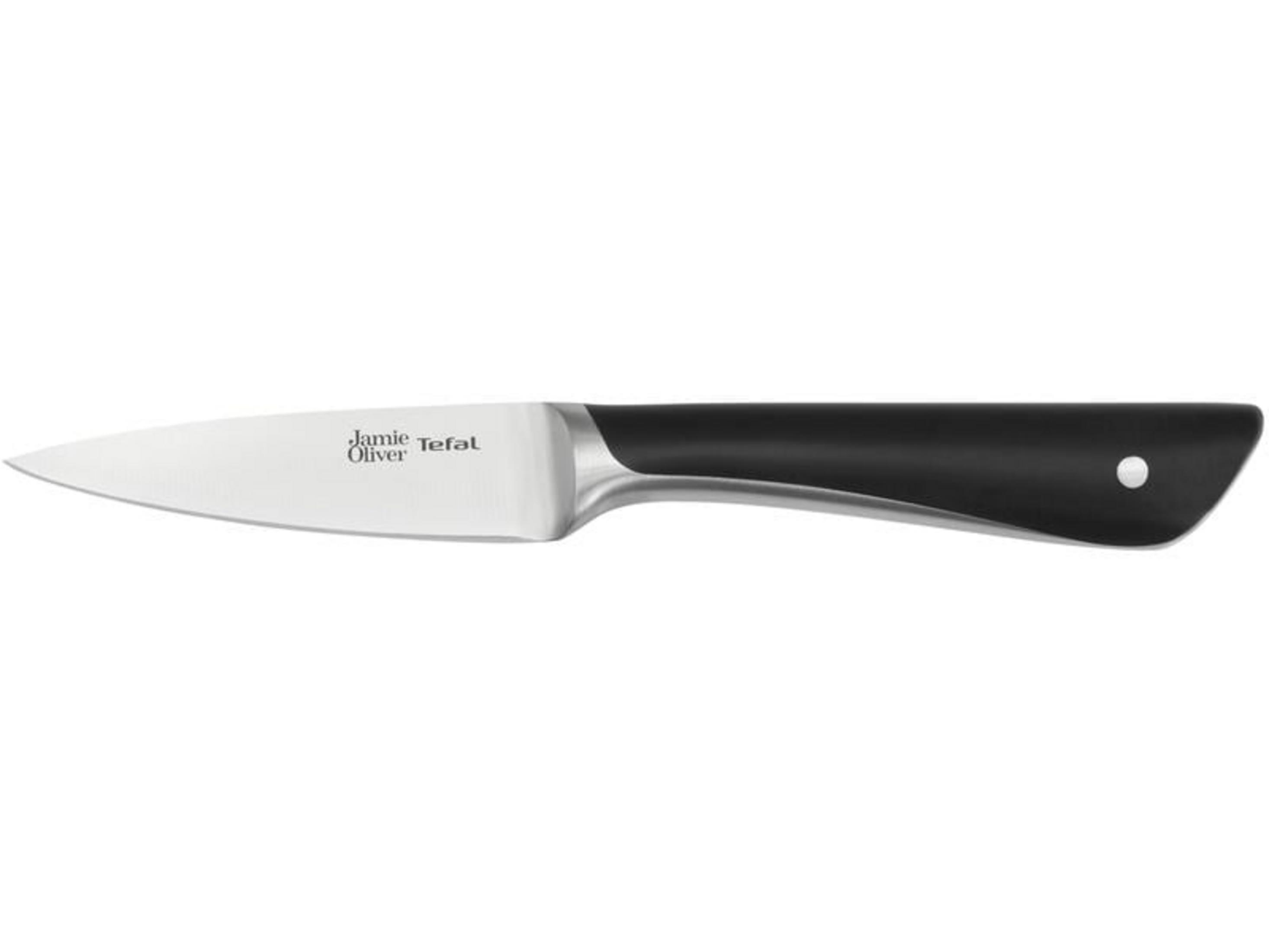 Ein scharfes Küchenmesser mit silberner Klinge und schwarzem Griff.