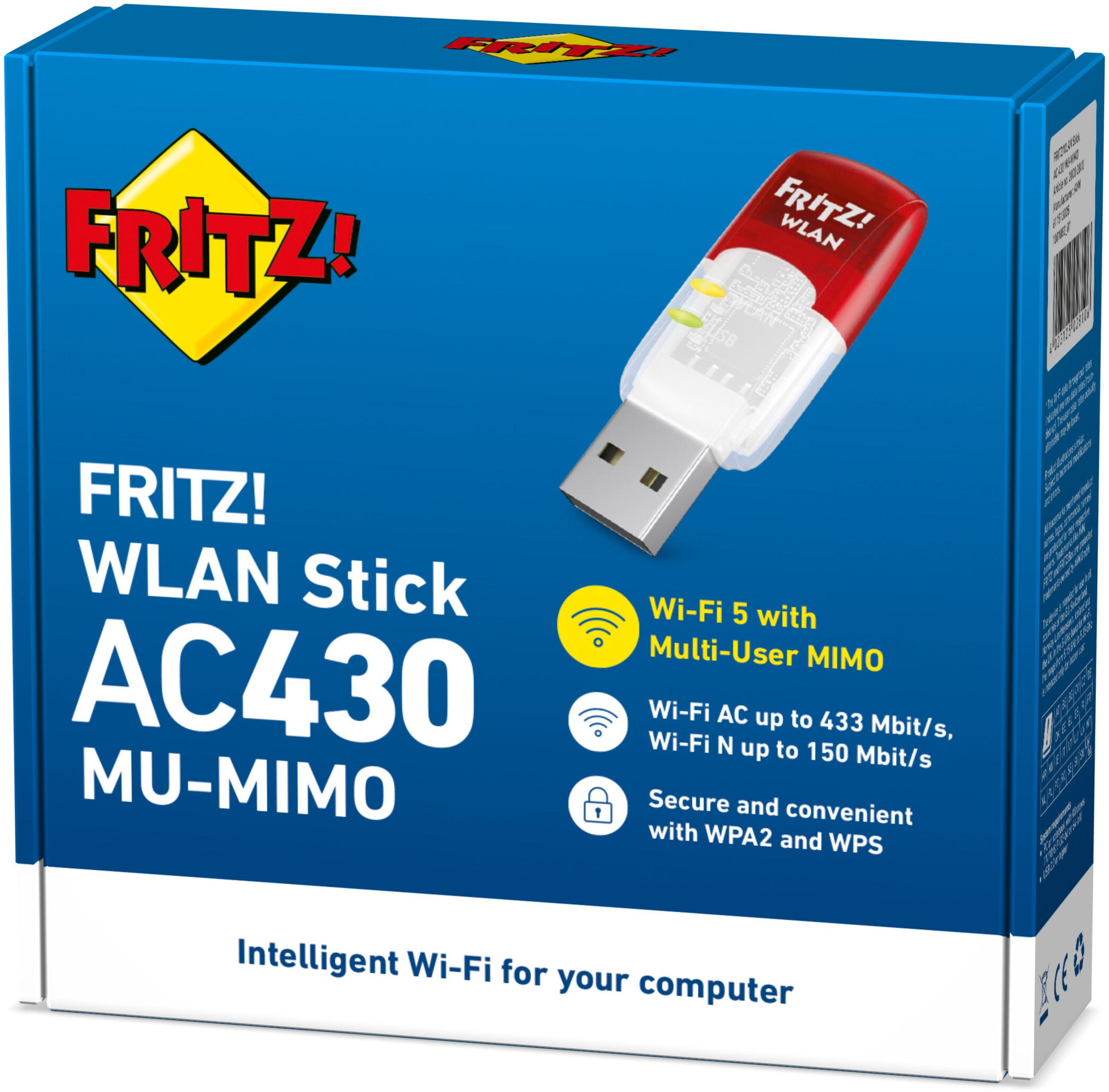 FRITZ! WLAN Stick AC430 MU-MIMO met USB-connector en productinformatie.