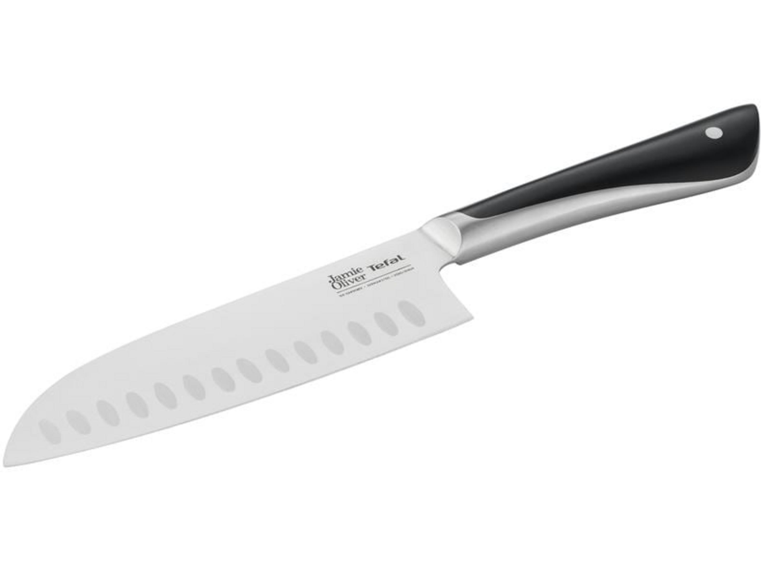 Un coltello da cucina con lama argentata e manico nero su sfondo bianco.
