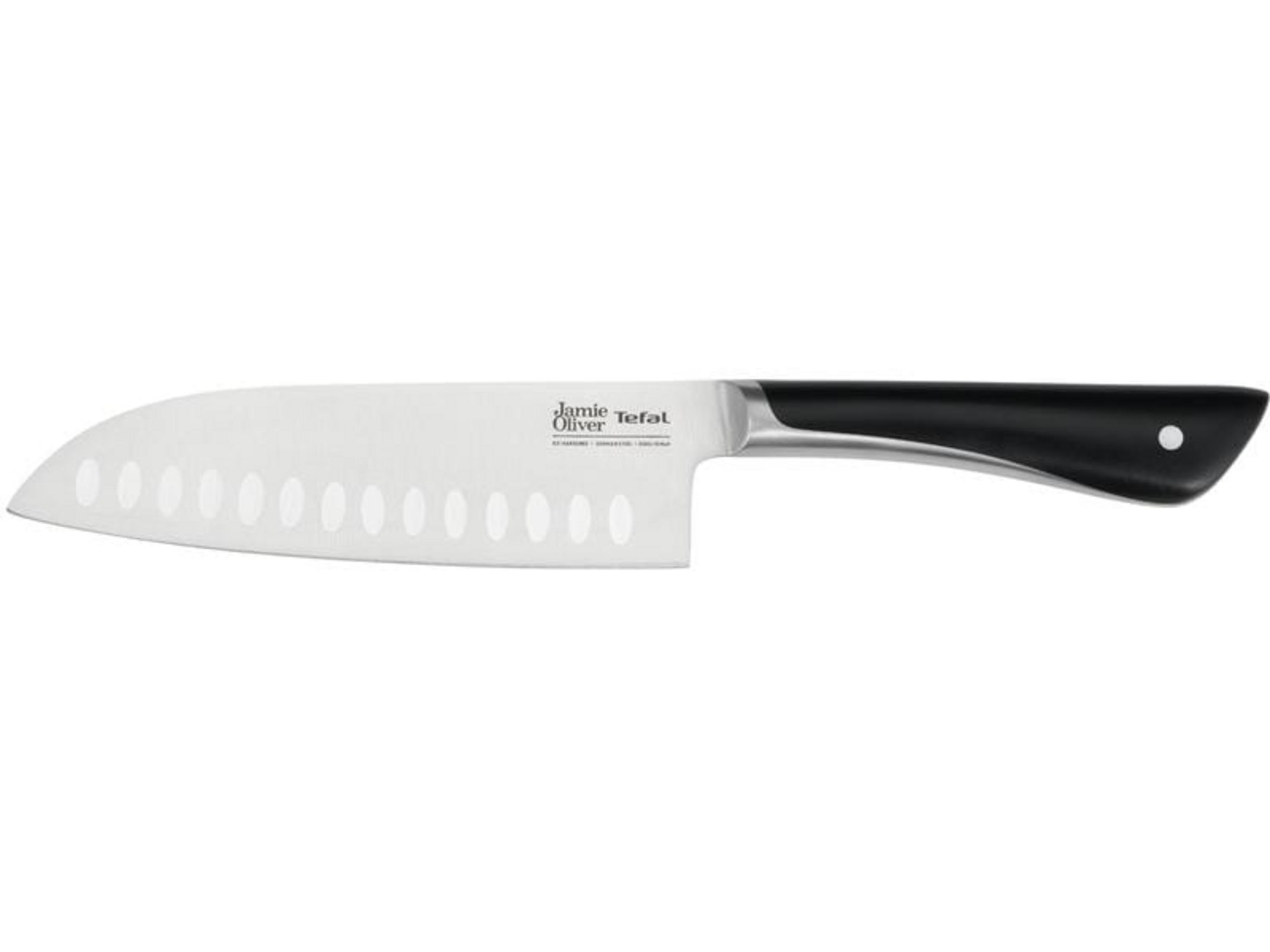 Un coltello da cucina con lama argentata, intagli ovali e manico nero.