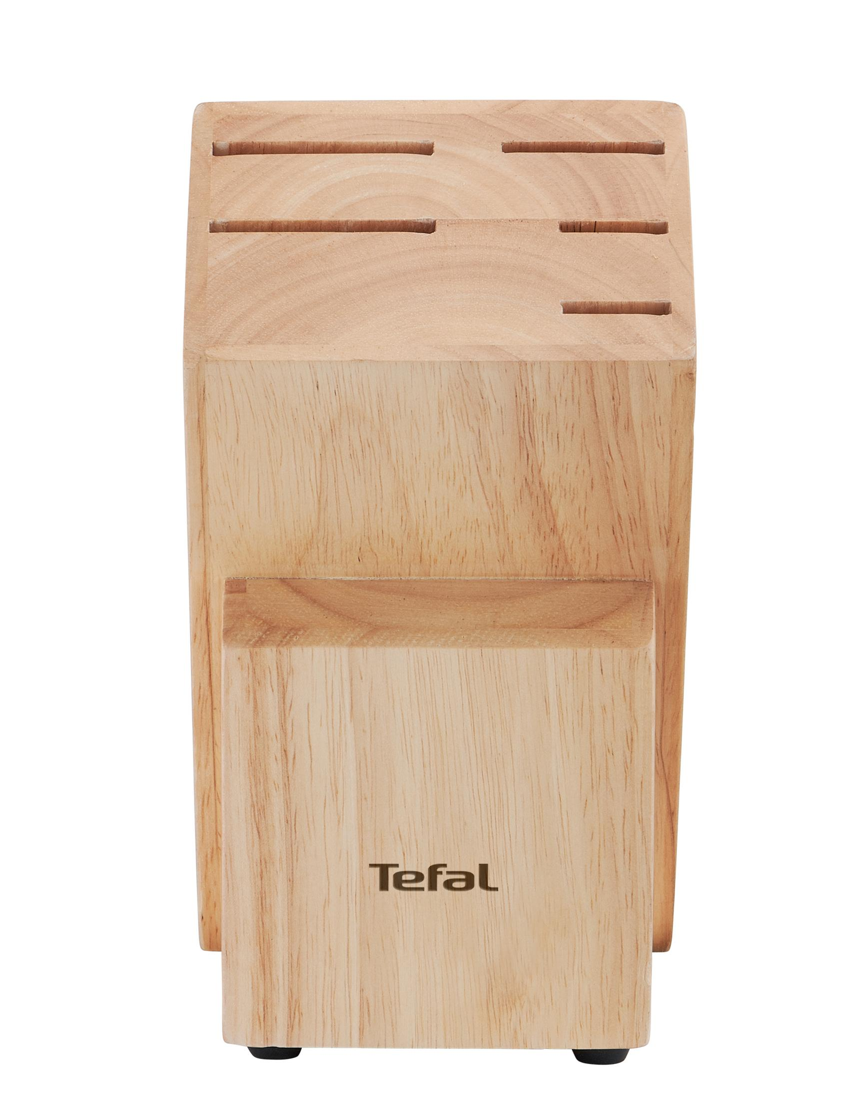 Ein hölzerner Messerblock mit Schlitzen und dem Tefal-Logo.