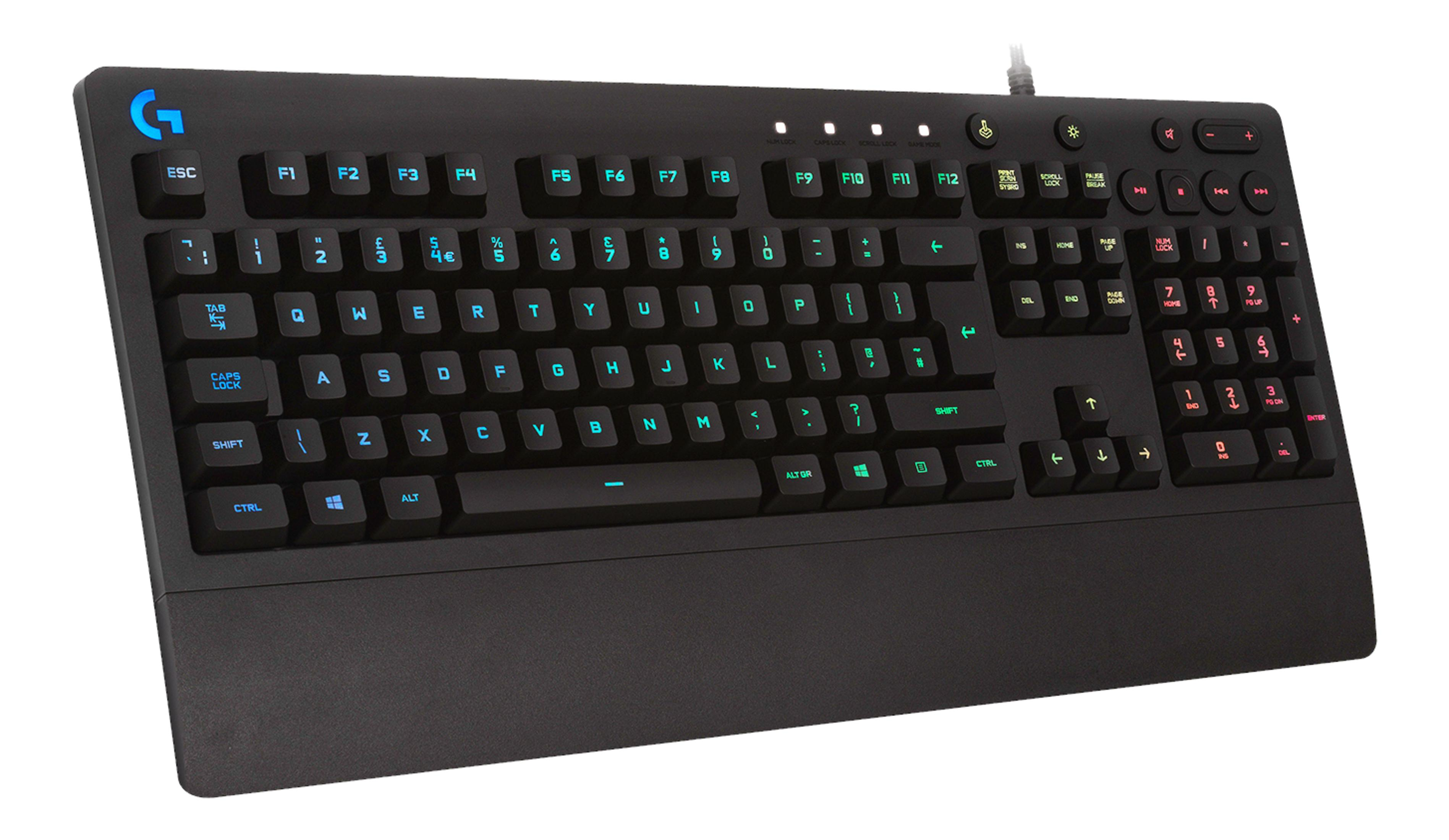 Czarna klawiatura z niebieskim i zielonym podświetleniem, logo Logitech G.