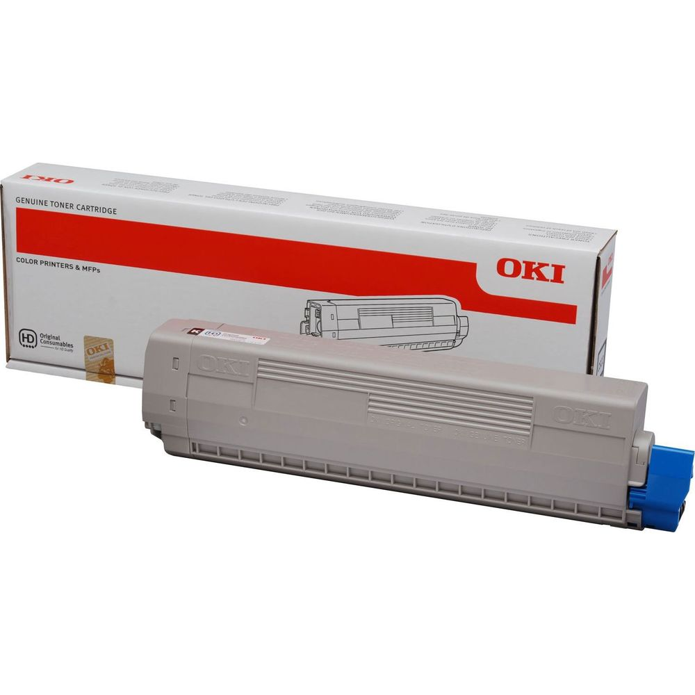 Mavi kapaklı gri OKI toner kartuşu, kutusunun yanında.