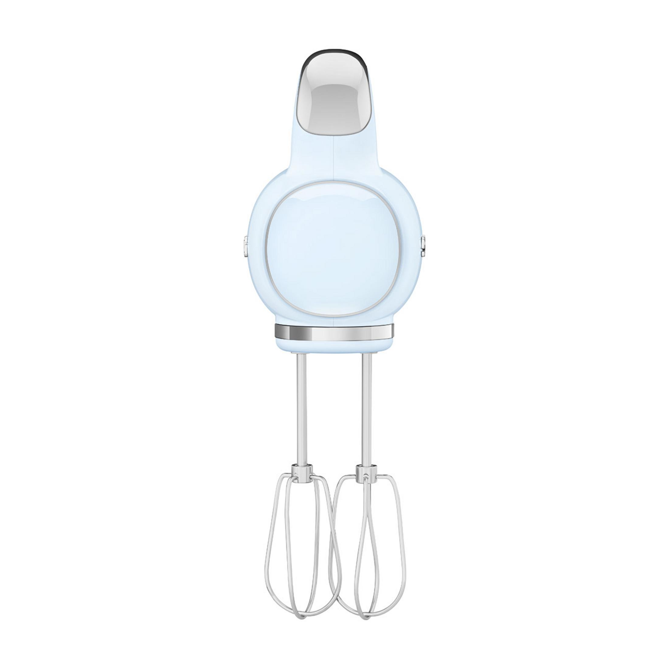 A light blue hand mixer with silver beaters on a white background.