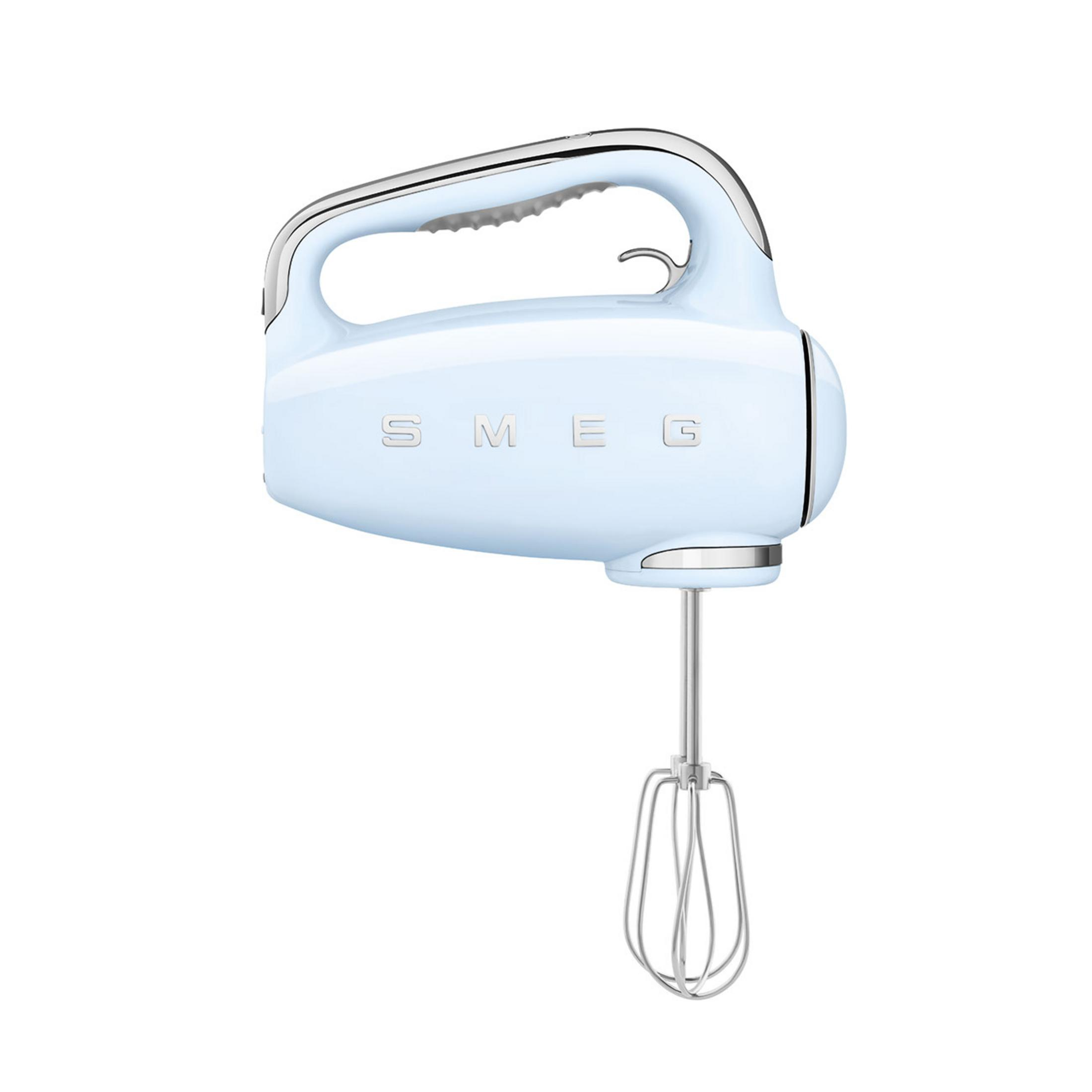 A light blue hand mixer with silver accents and the SMEG logo.