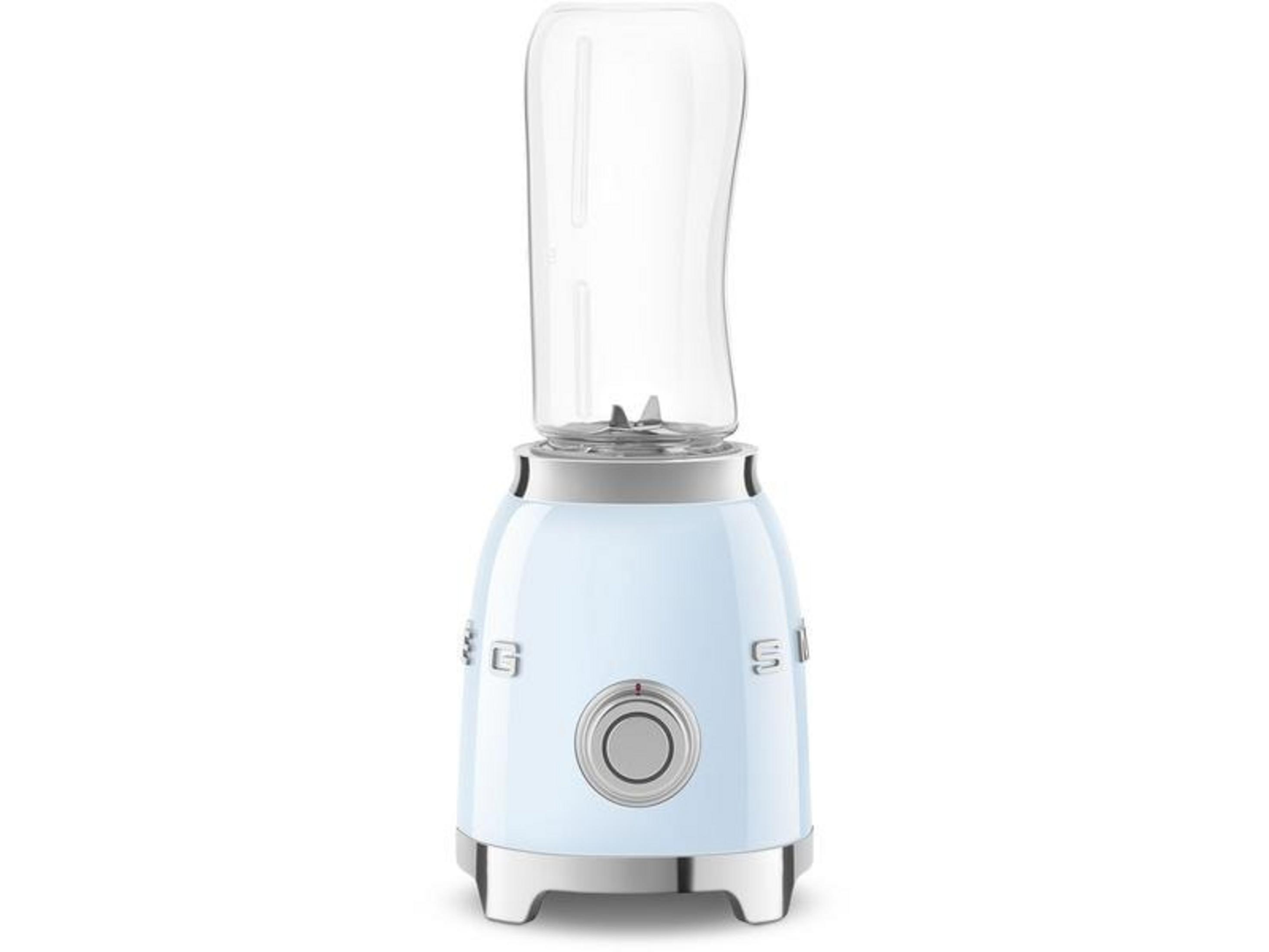 Jasnoniebieski blender z srebrnymi akcentami i przezroczystym pojemnikiem.