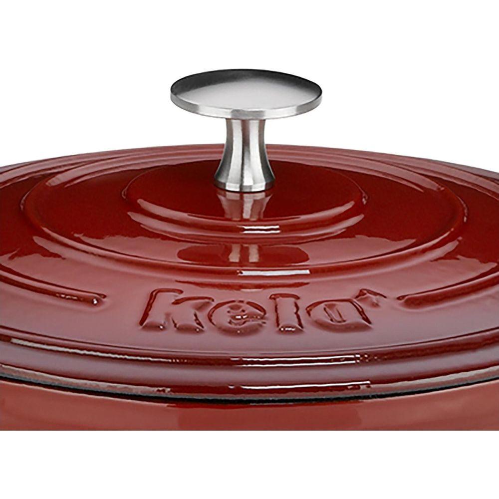 Roter Kochtopf mit silbernem Griff und geprägtem Logo.