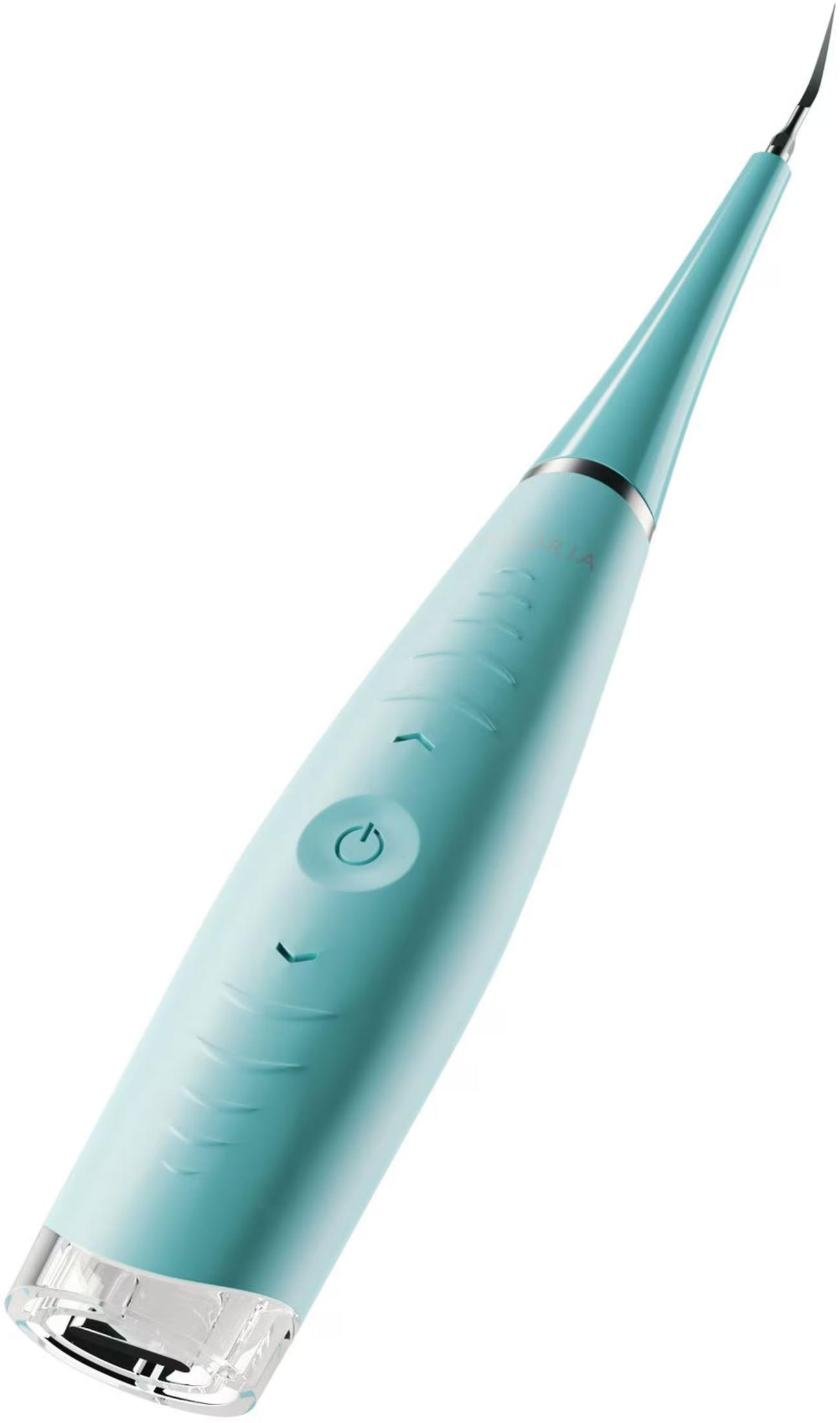 Un removedor eléctrico de sarro dental color verde azulado con botón de encendido.