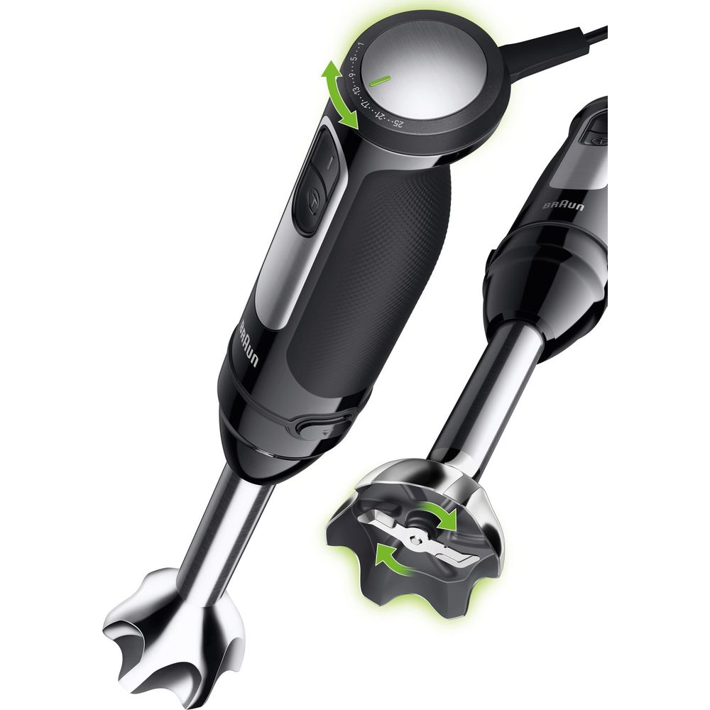 Czarny blender ręczny z srebrnymi akcentami i drugim nasadką.