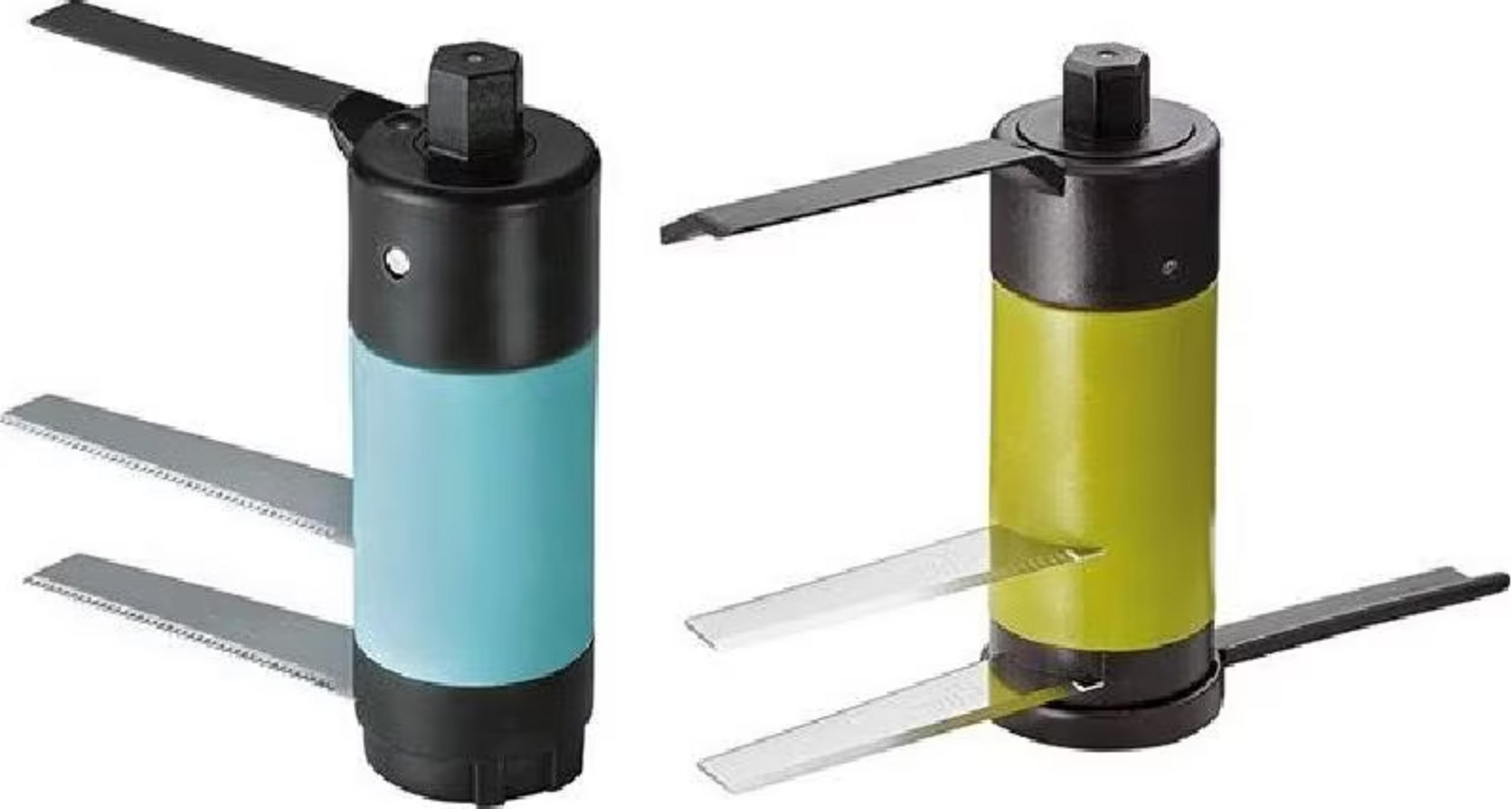 Zwei Werkzeuge mit blauem und gelbem Zylinder, Metallklingen.