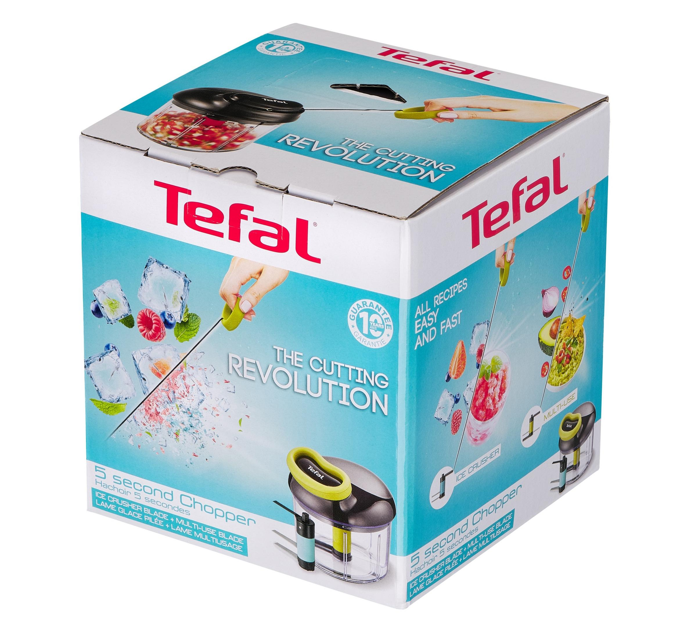 Verpackung eines Tefal 5-Sekunden-Zerkleinerers mit Bildern von Eis, Beeren und Guacamole.