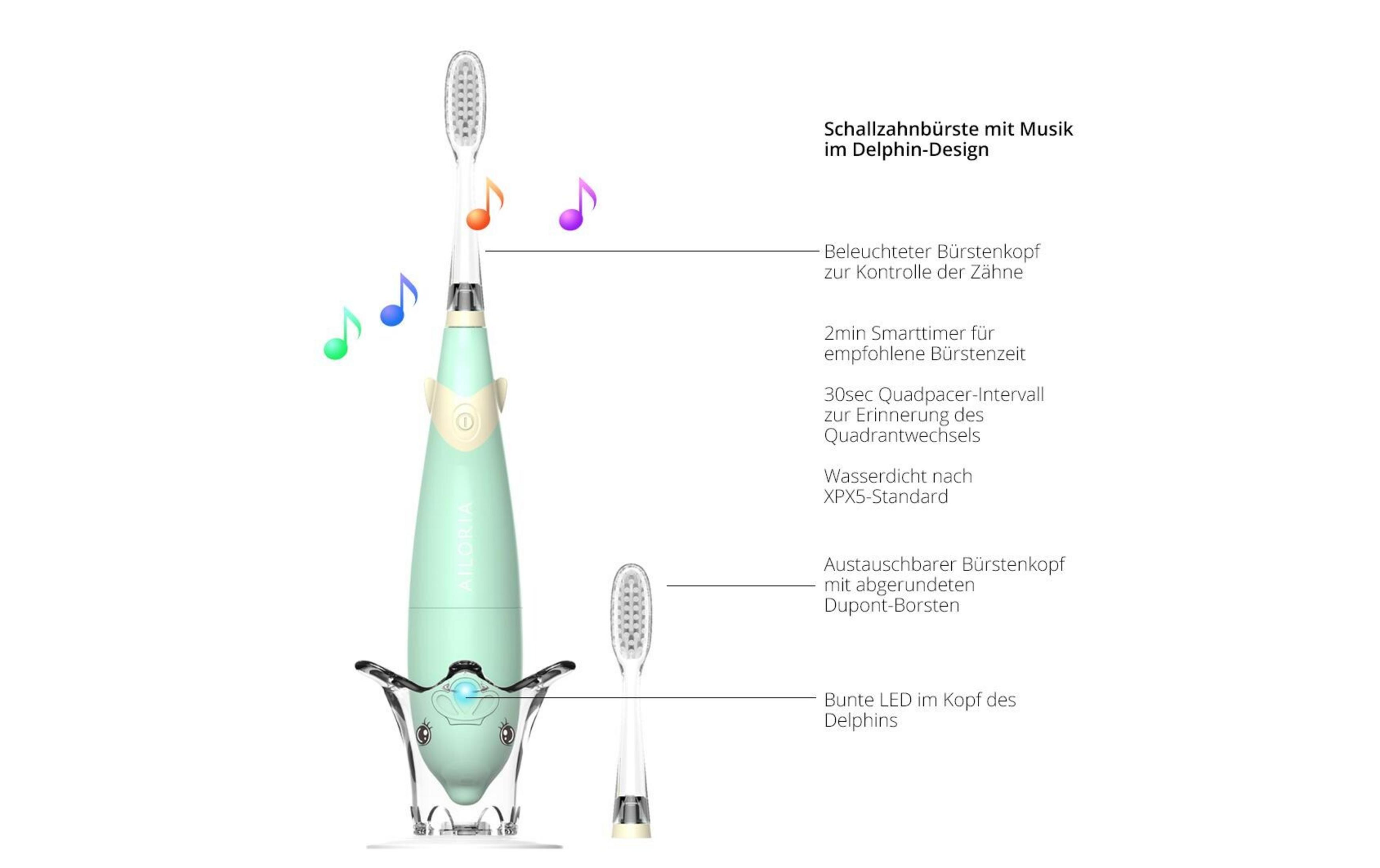 Eine mintgrüne Schallzahnbürste im Delfin-Design mit Musiknoten und Ersatzbürstenkopf.