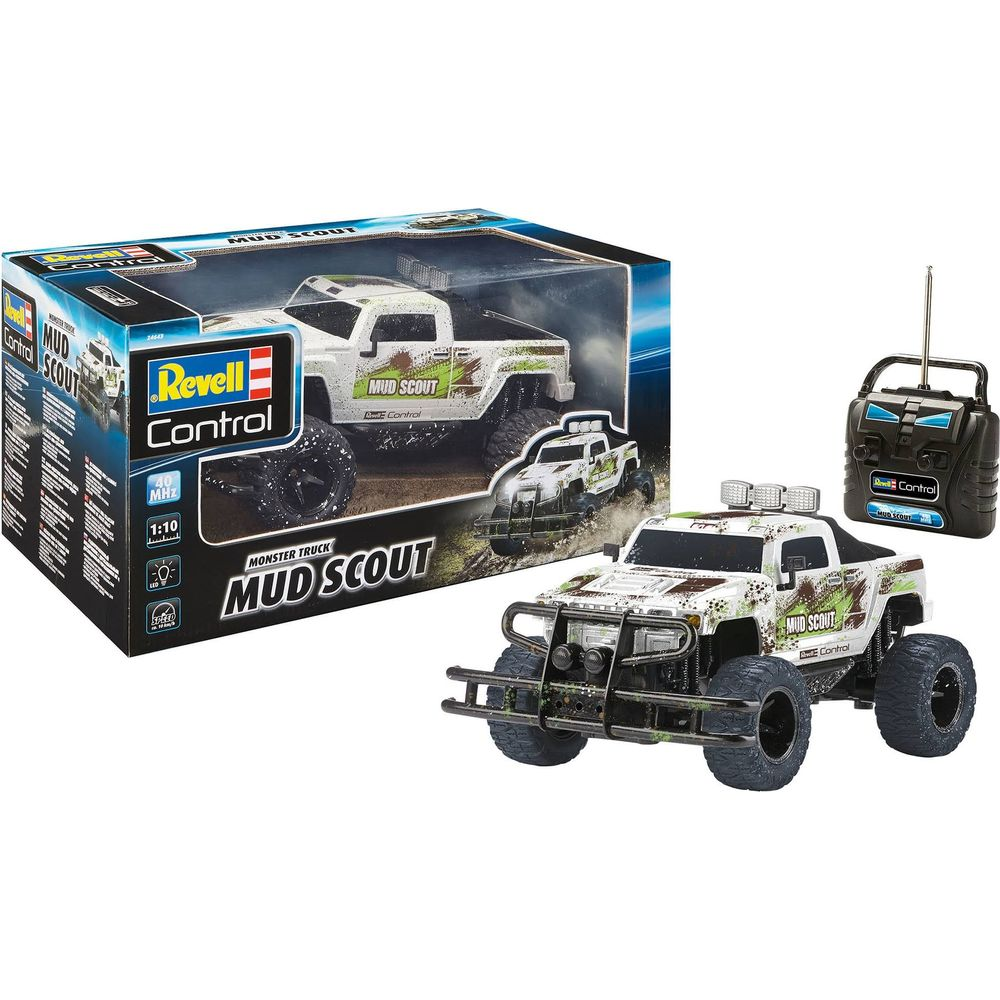 Ein weißer Revell Control Mud Scout Monstertruck mit Fernbedienung, verpackt und ausgepackt.