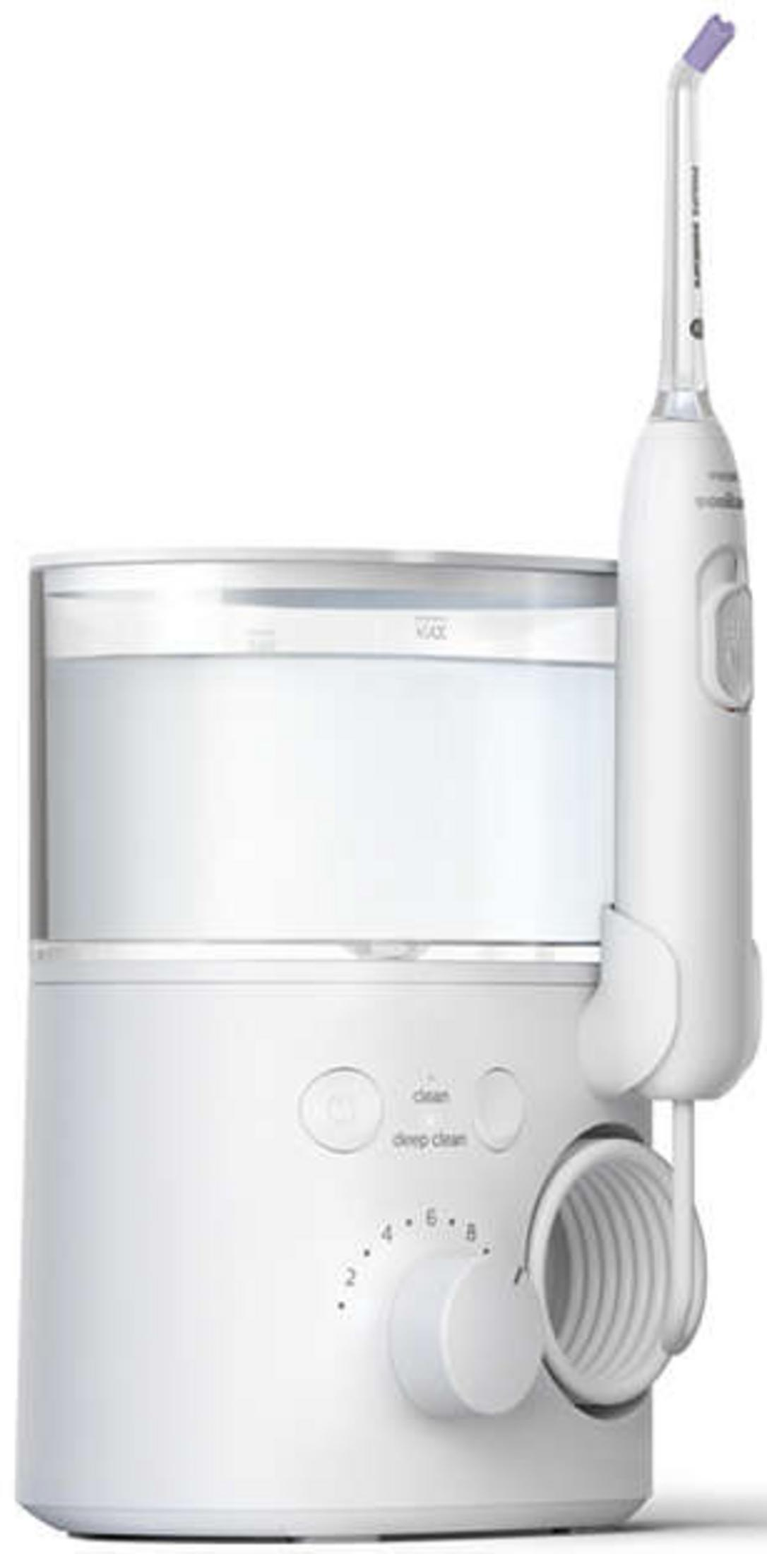 Un idropulsore elettrico bianco con serbatoio e unità portatile.