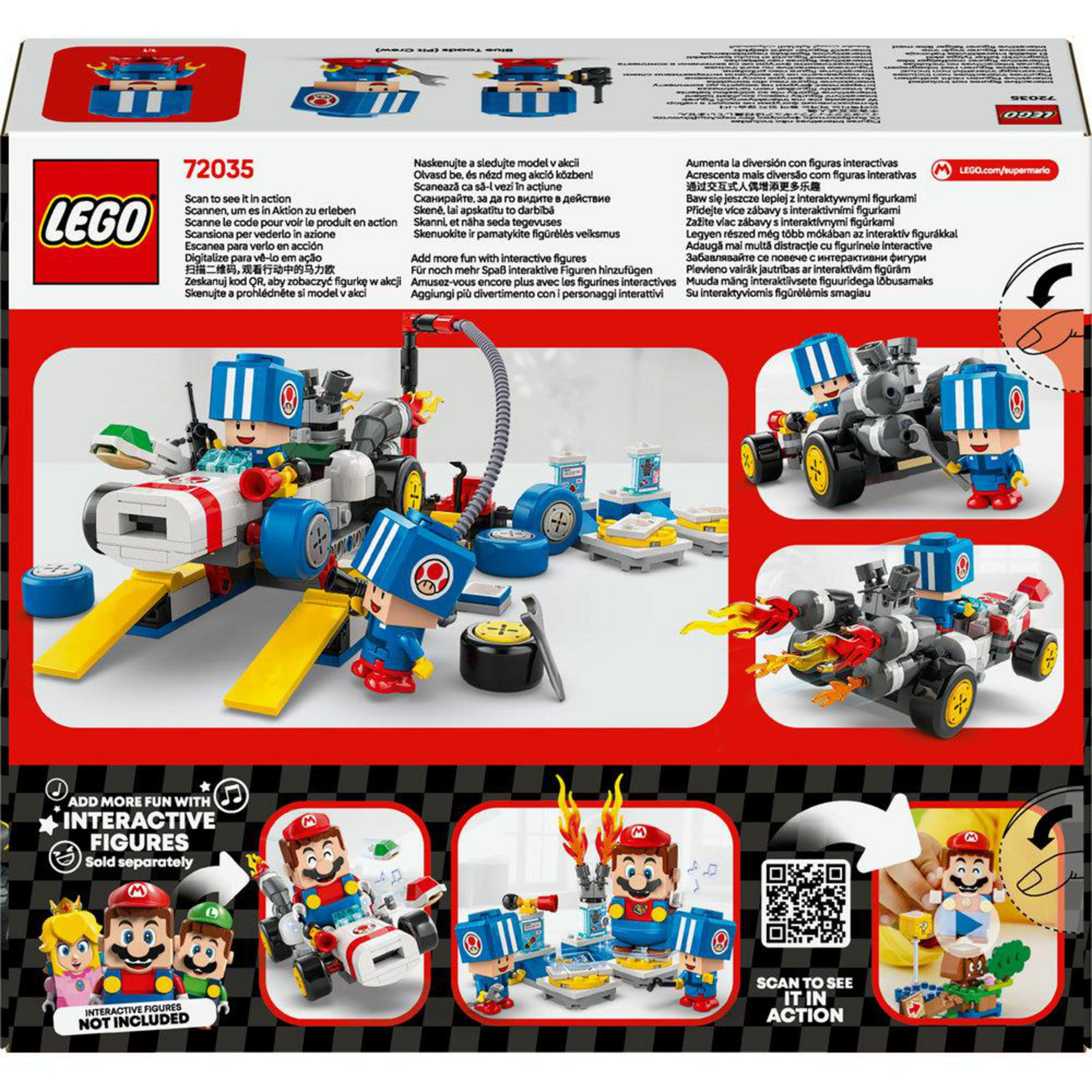 Figürler, araçlar ve pist parçaları içeren LEGO Mario Kart seti. Aksiyon sahneleri.