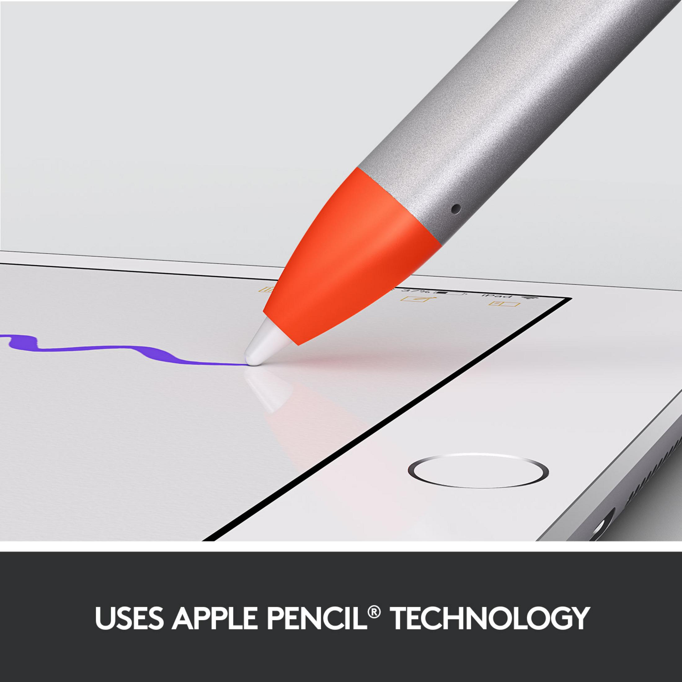 Een zilveren stylus met oranje punt tekent een paarse lijn op een tablet.