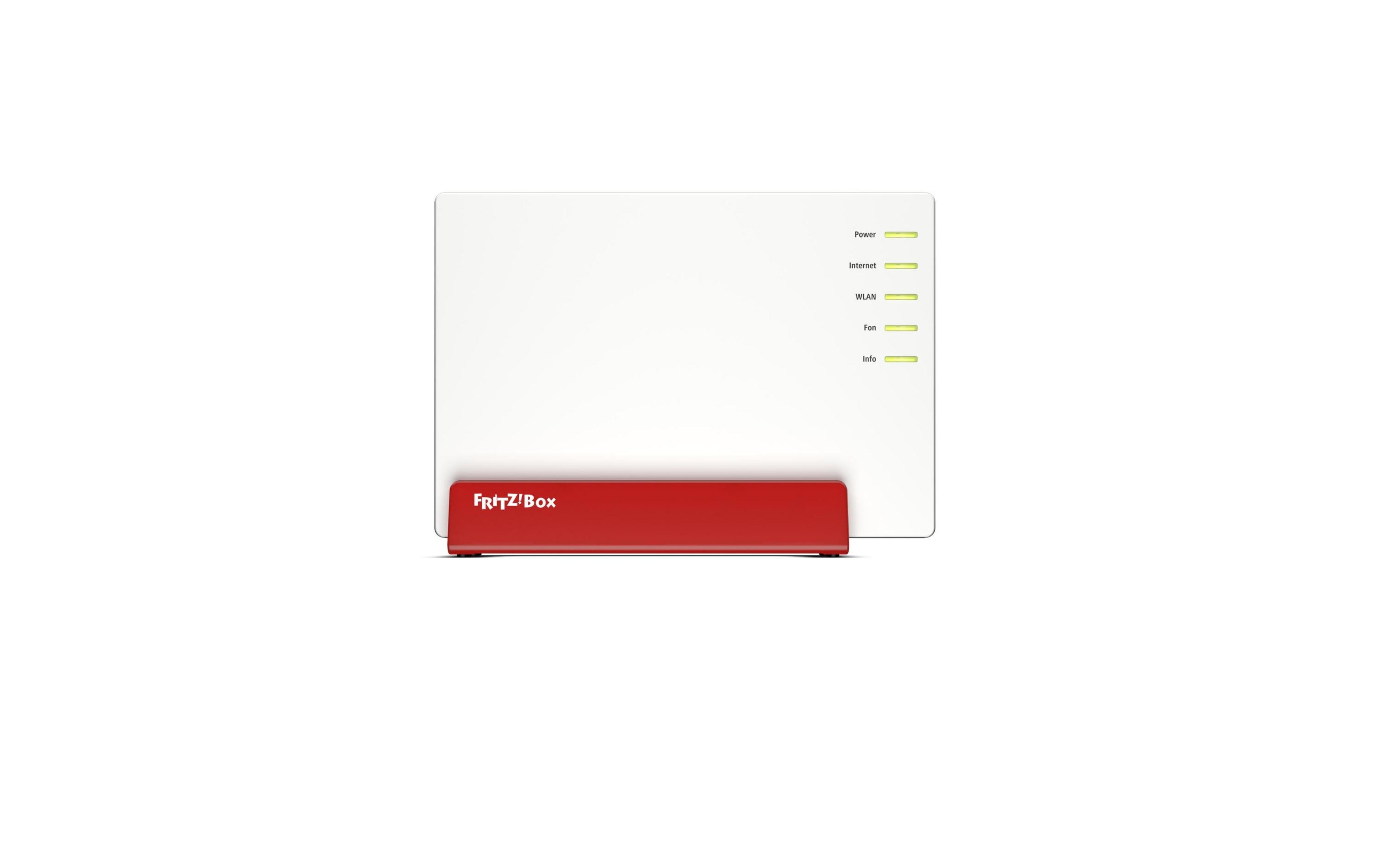 Router Fritz!Box bianco con base rossa e LED di stato.