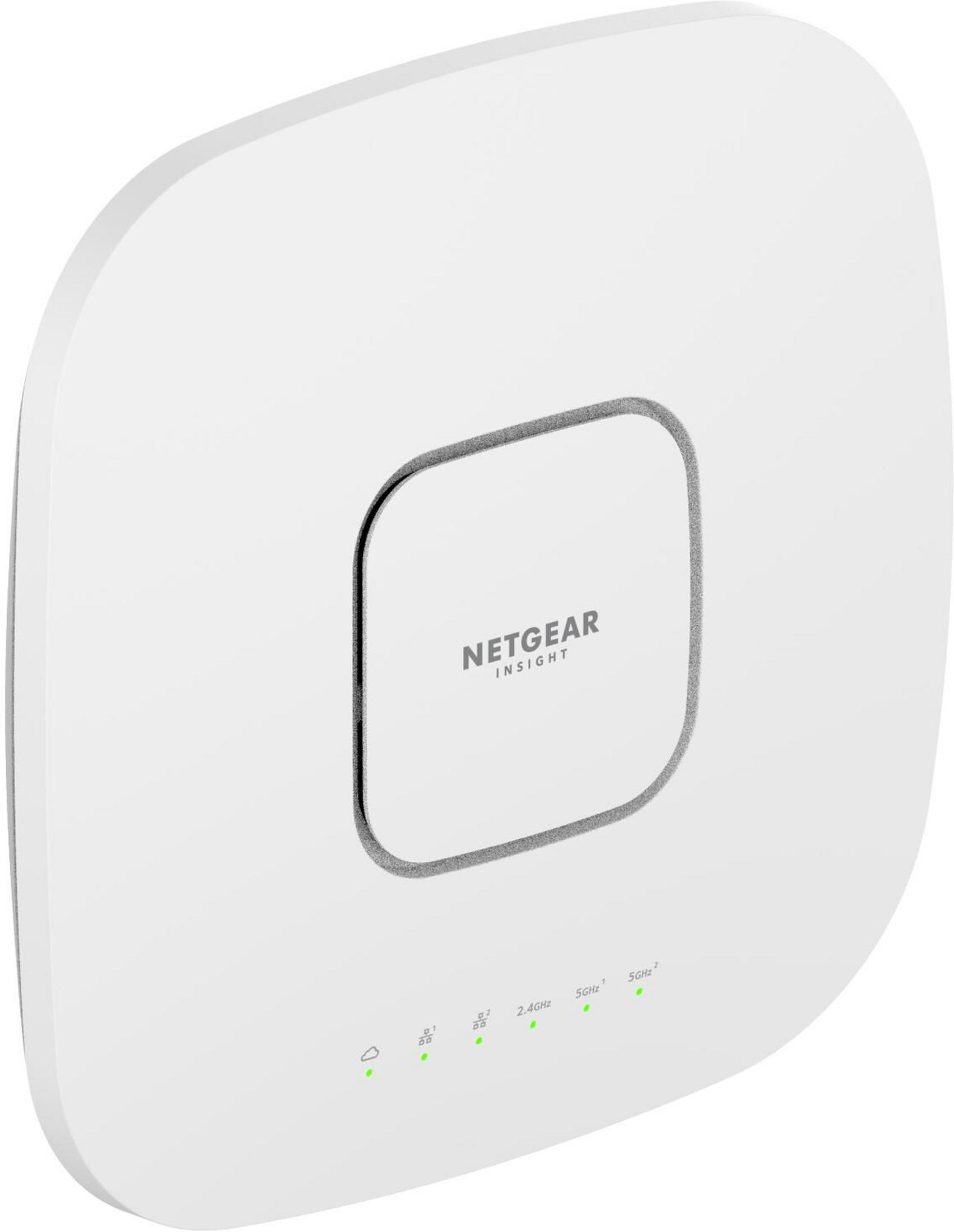 Biały router Netgear Insight z diodami LED 2,4 GHz i 5 GHz.