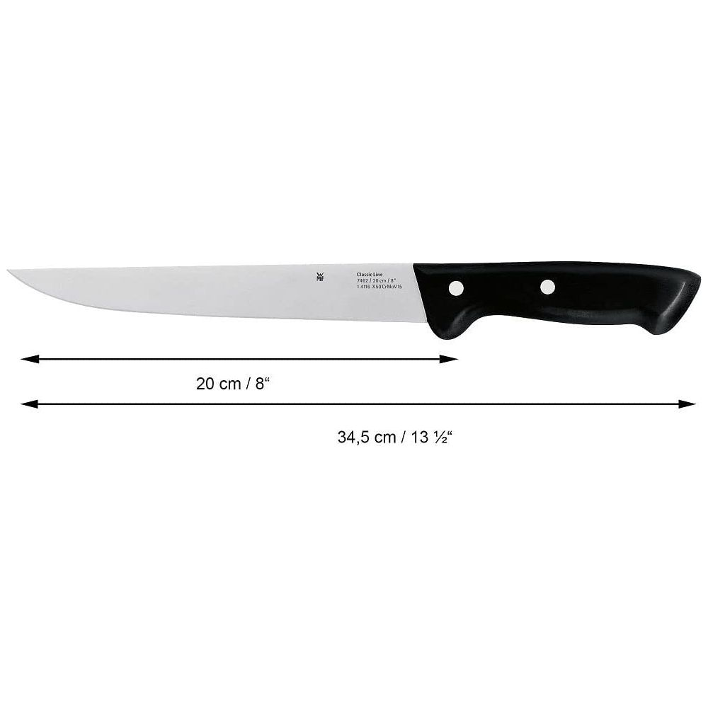 Ein Küchenmesser mit schwarzem Griff und einer 20 cm langen Klinge.