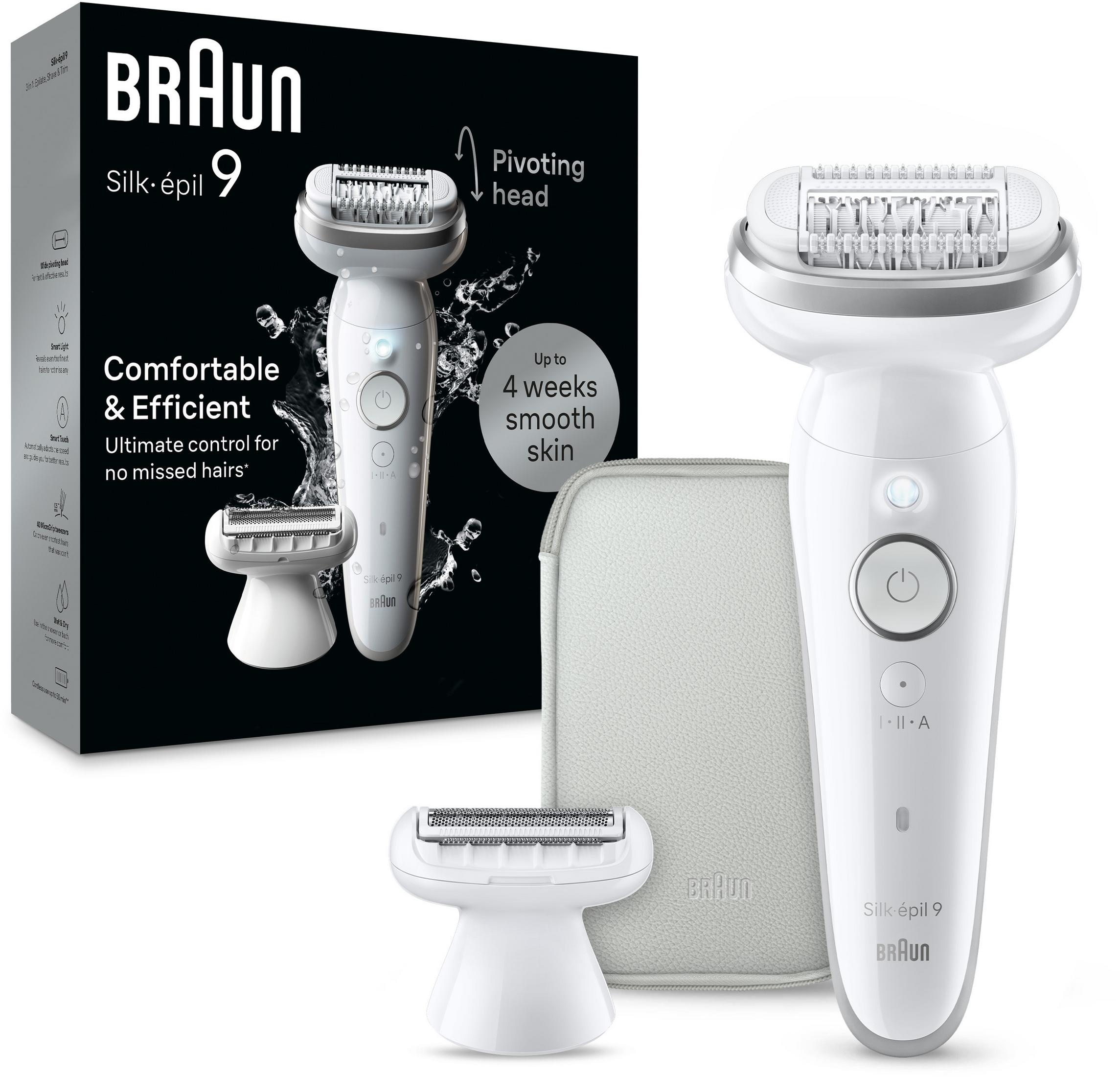 Braun Silk-épil 9 Epilierer mit Zubehör und Verpackung. Weiß und Grau.