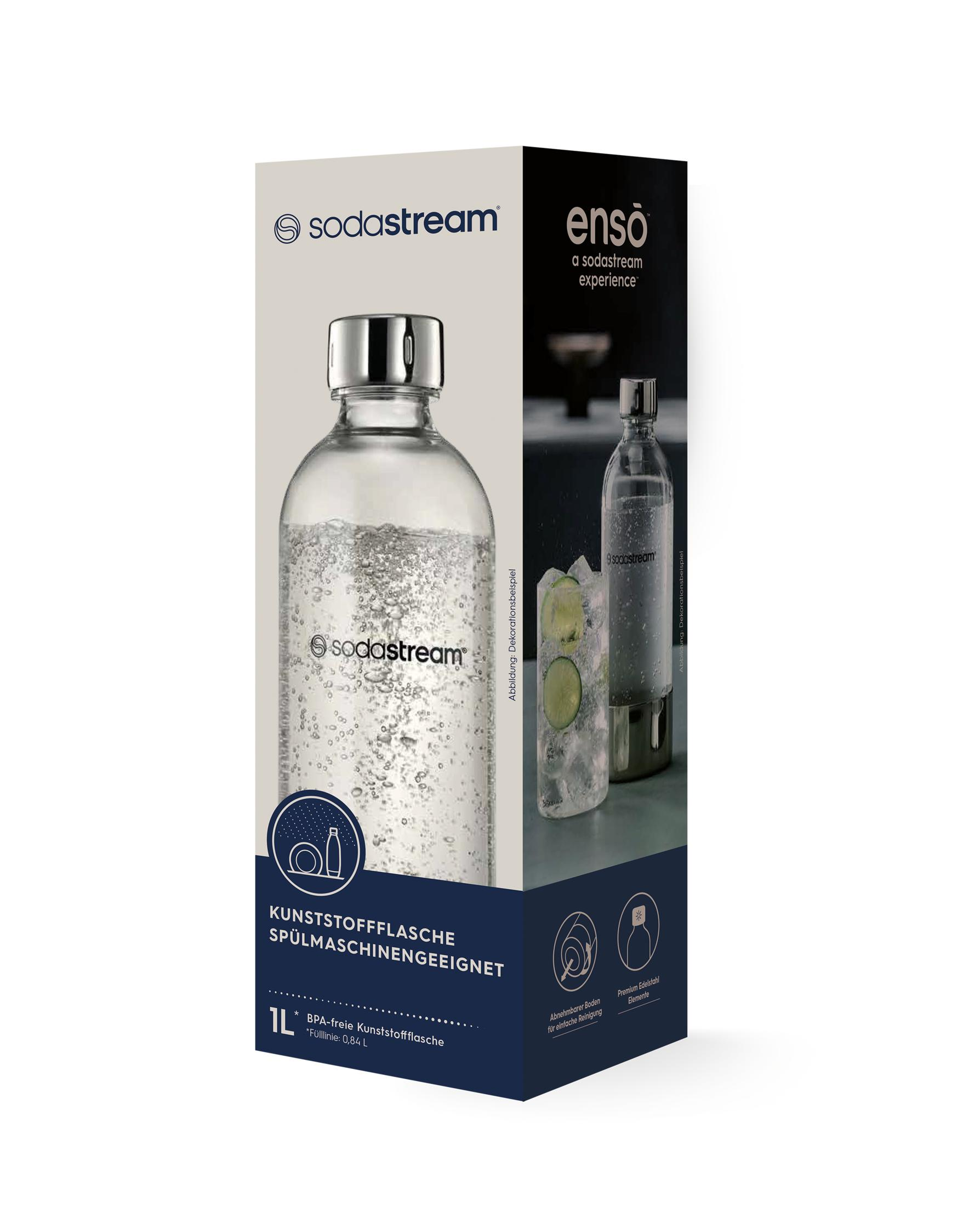 Eine Sodastream Kunststoffflasche mit Kohlensäure und einem silbernen Verschluss.