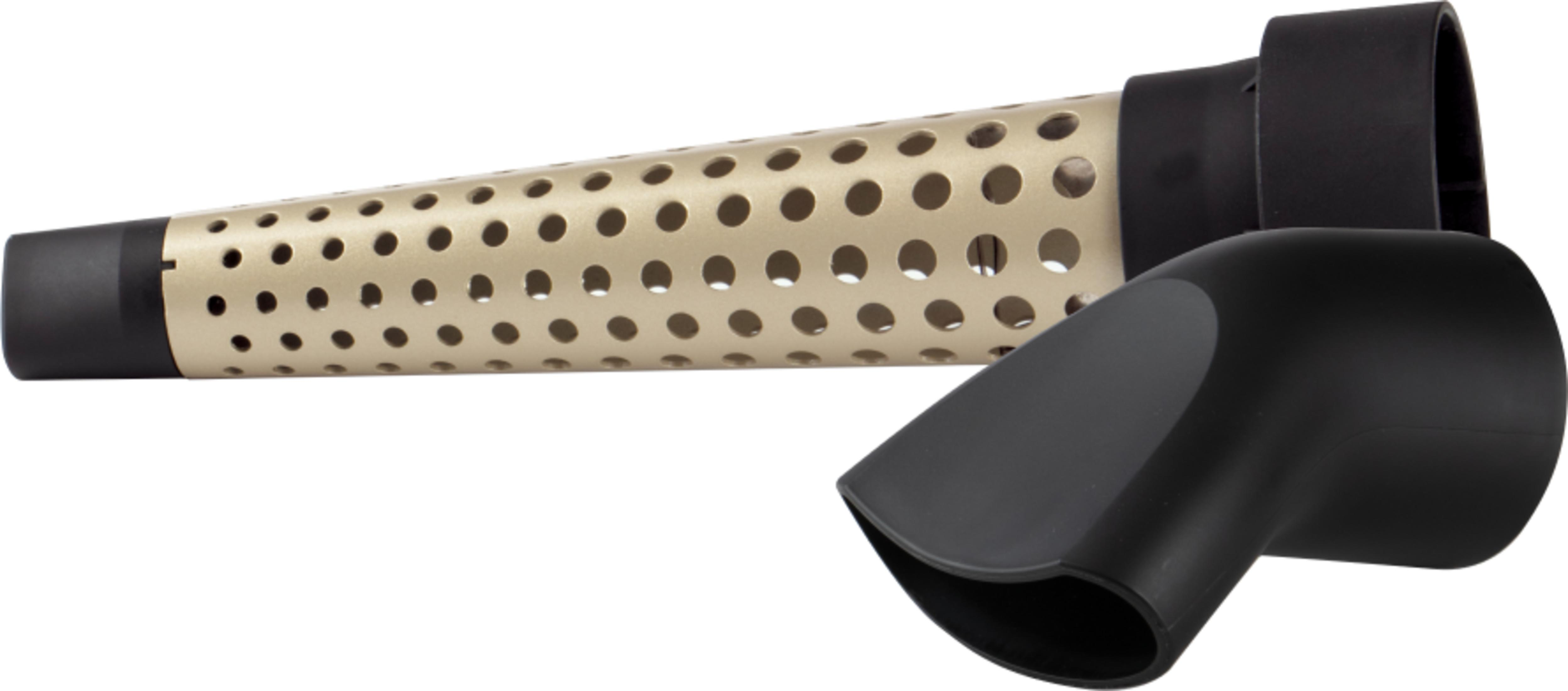 Un accessorio dorato traforato per asciugacapelli e un diffusore nero.