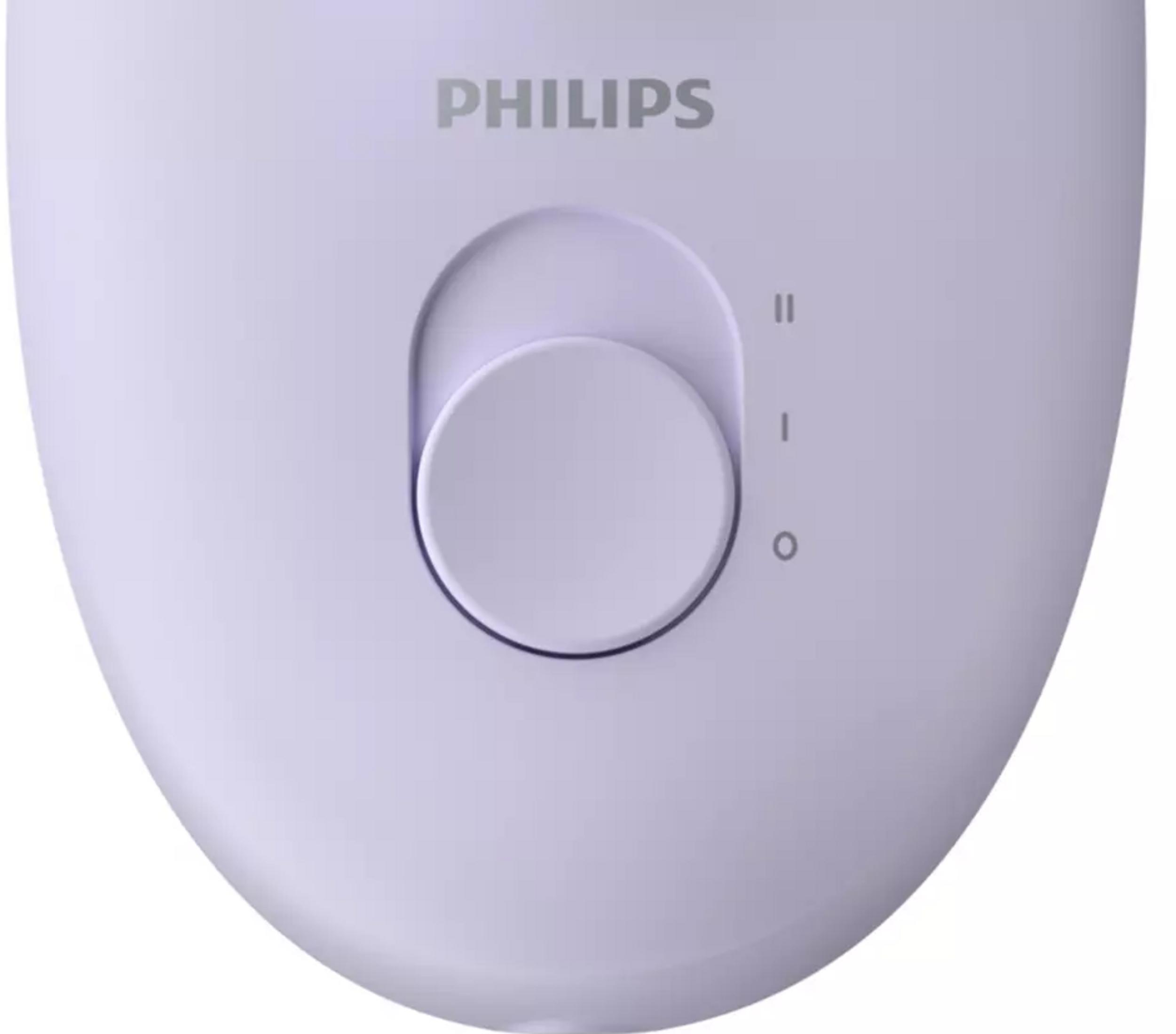 Fioletowy depilator Philips z pokrętłem i ustawieniami prędkości.