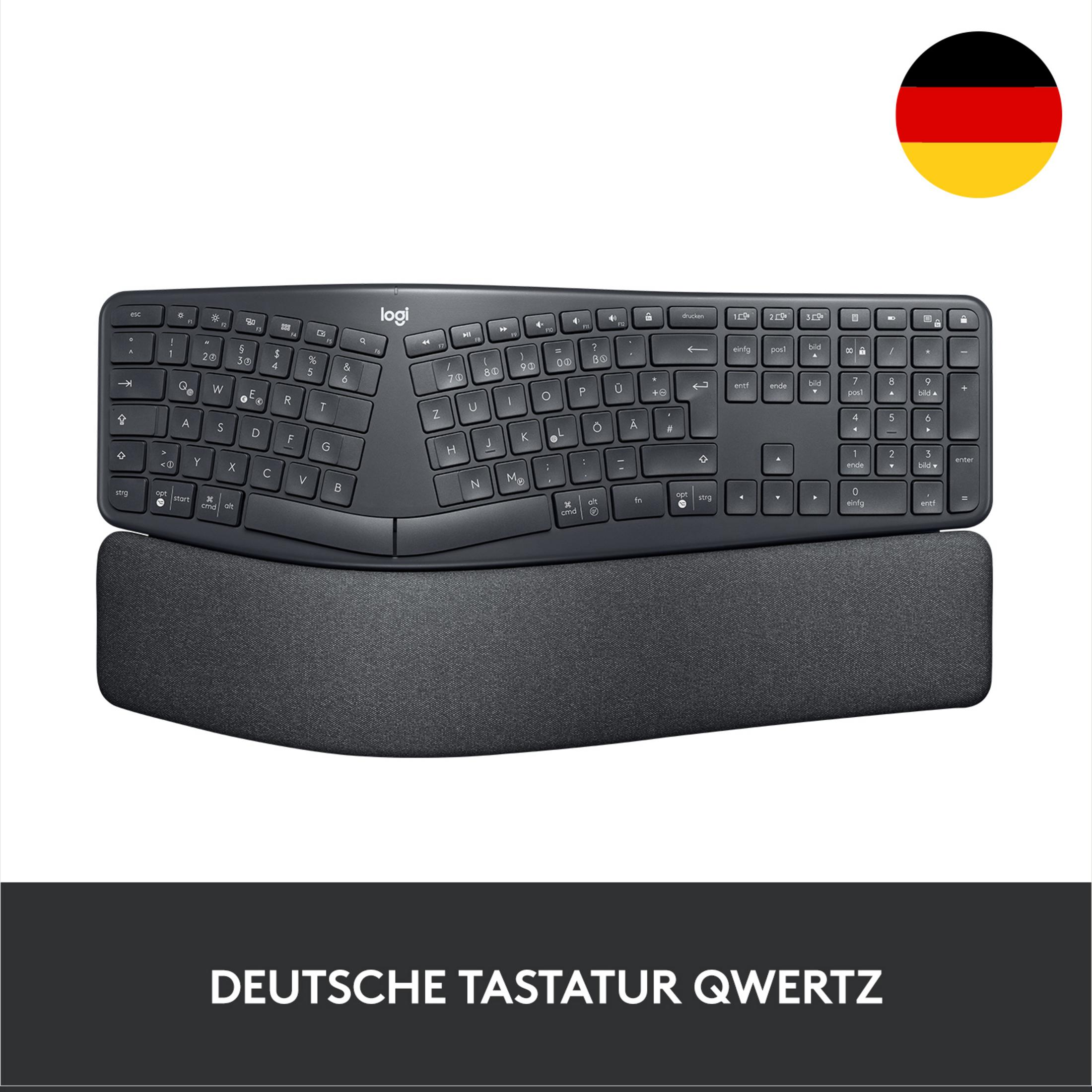 Eine dunkle, ergonomische QWERTZ-Tastatur mit deutscher Beschriftung und Armstütze.