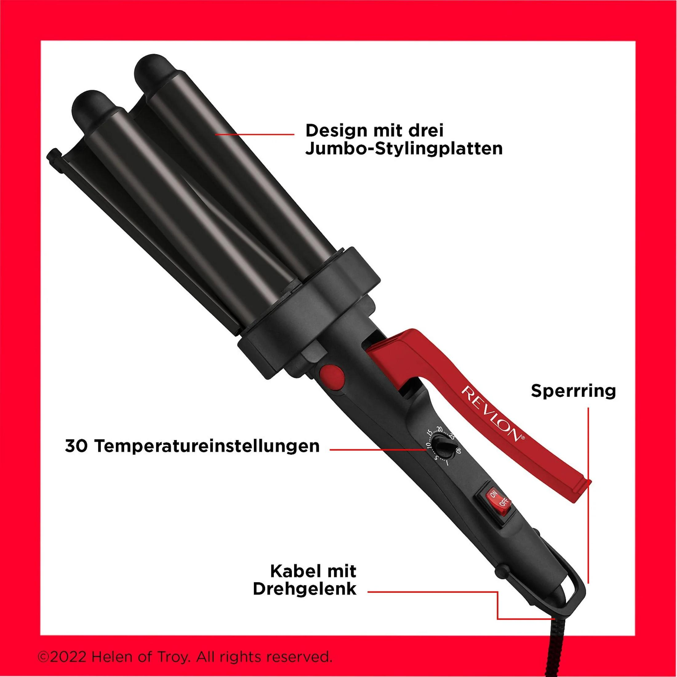 Schwarzer Lockenstab mit rotem Griff, 30 Temperatureinstellungen.