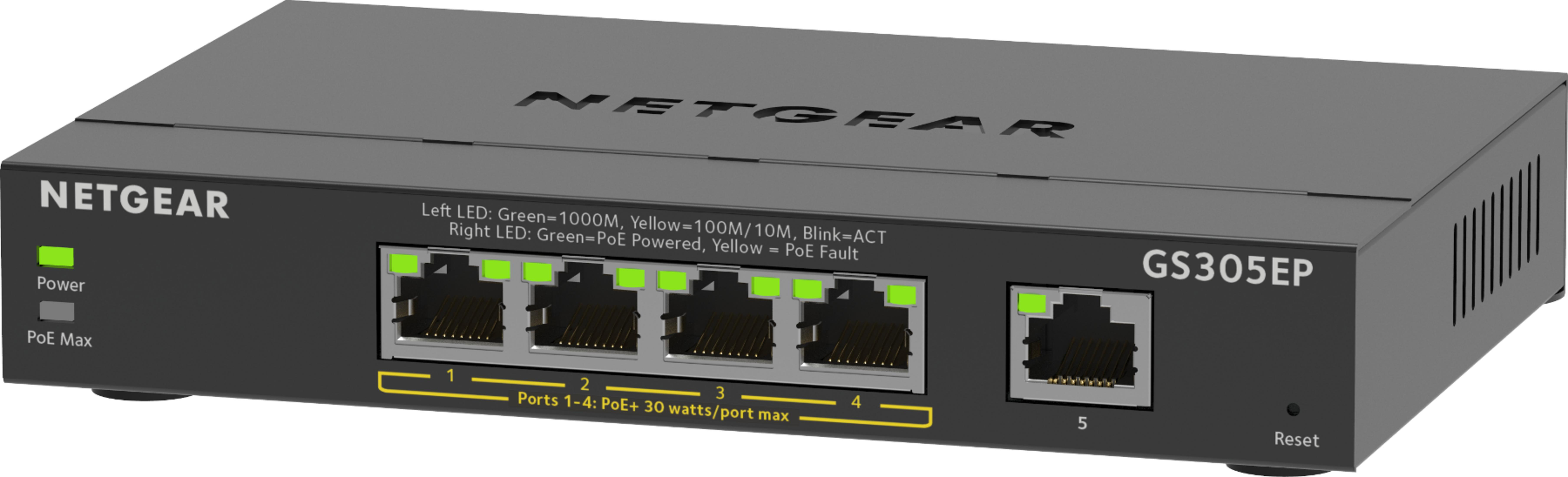 Uno switch Netgear GS305EP nero a 5 porte, LED di alimentazione e PoE accesi in verde.