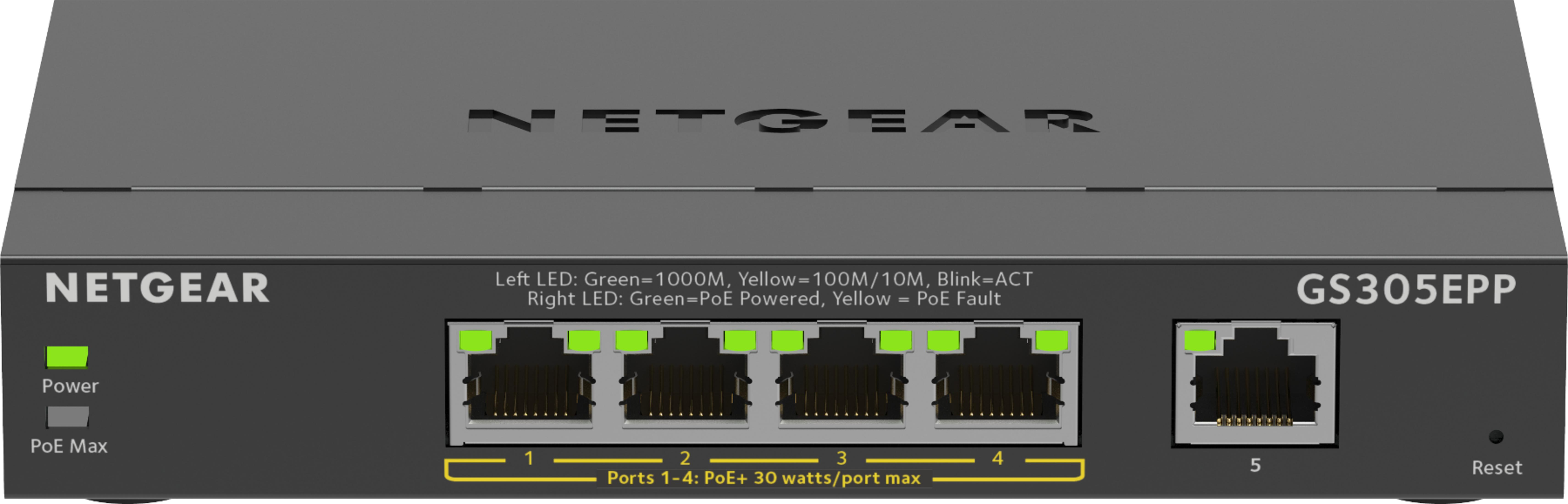 Netgear GS305EPP switch with 5 ports. Power and PoE Max LEDs illuminated.