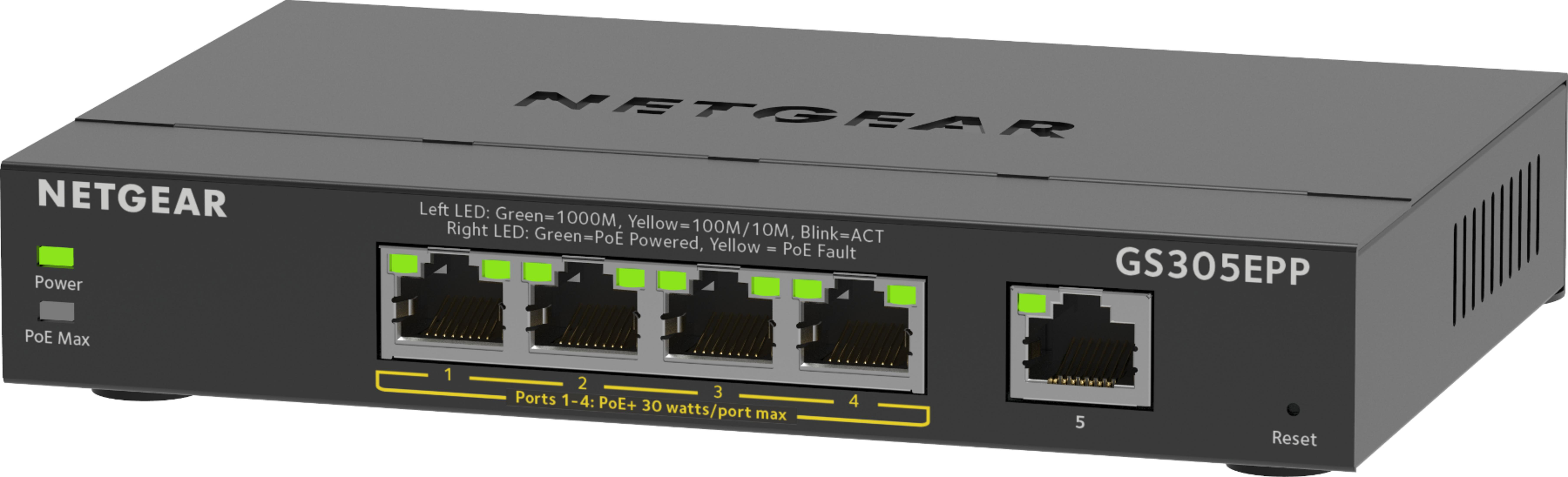 Netgear GS305EPP 5-port switch with illuminated green status LEDs.
