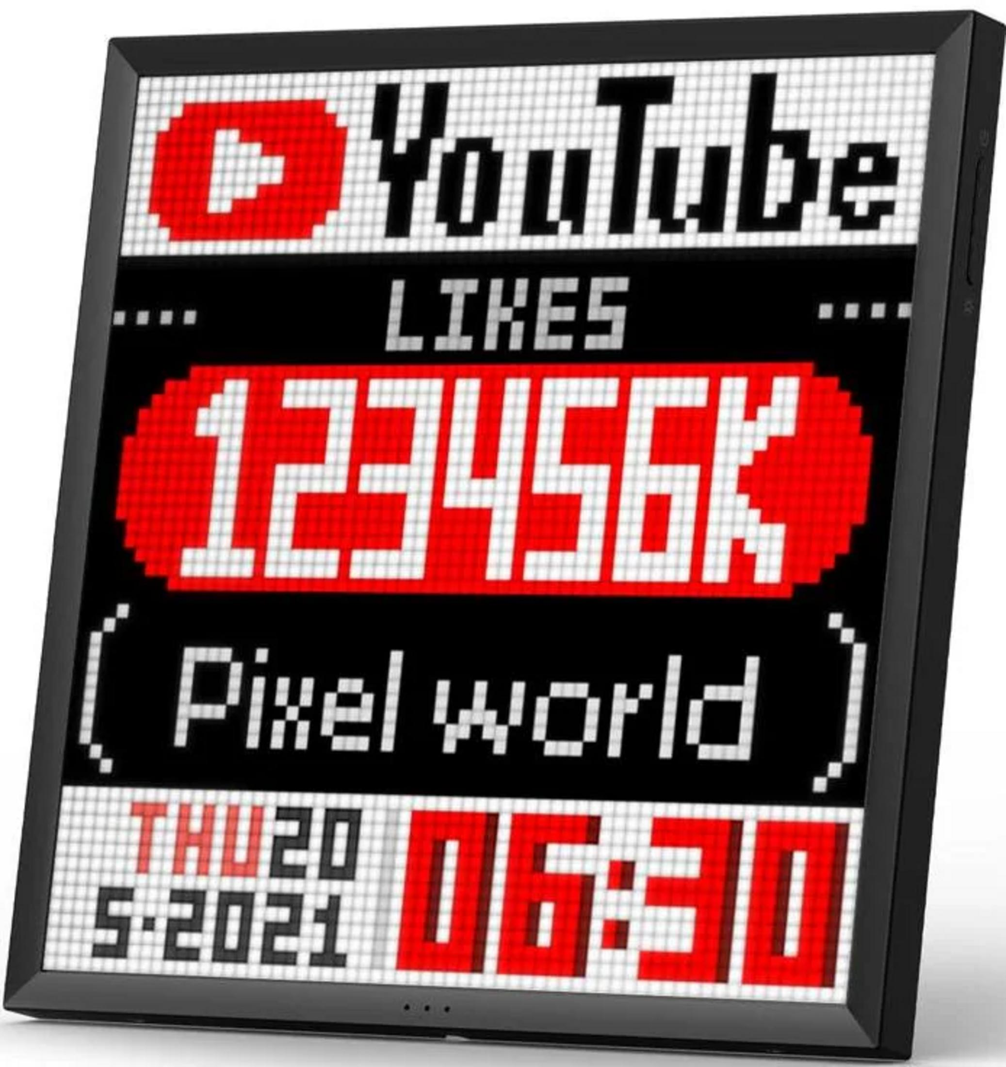 Pikselli ekran YouTube logosu, 123456K beğeni, 'Pixel world', tarih Per 20, 5.2021, ve saat 06:30 gösterir.