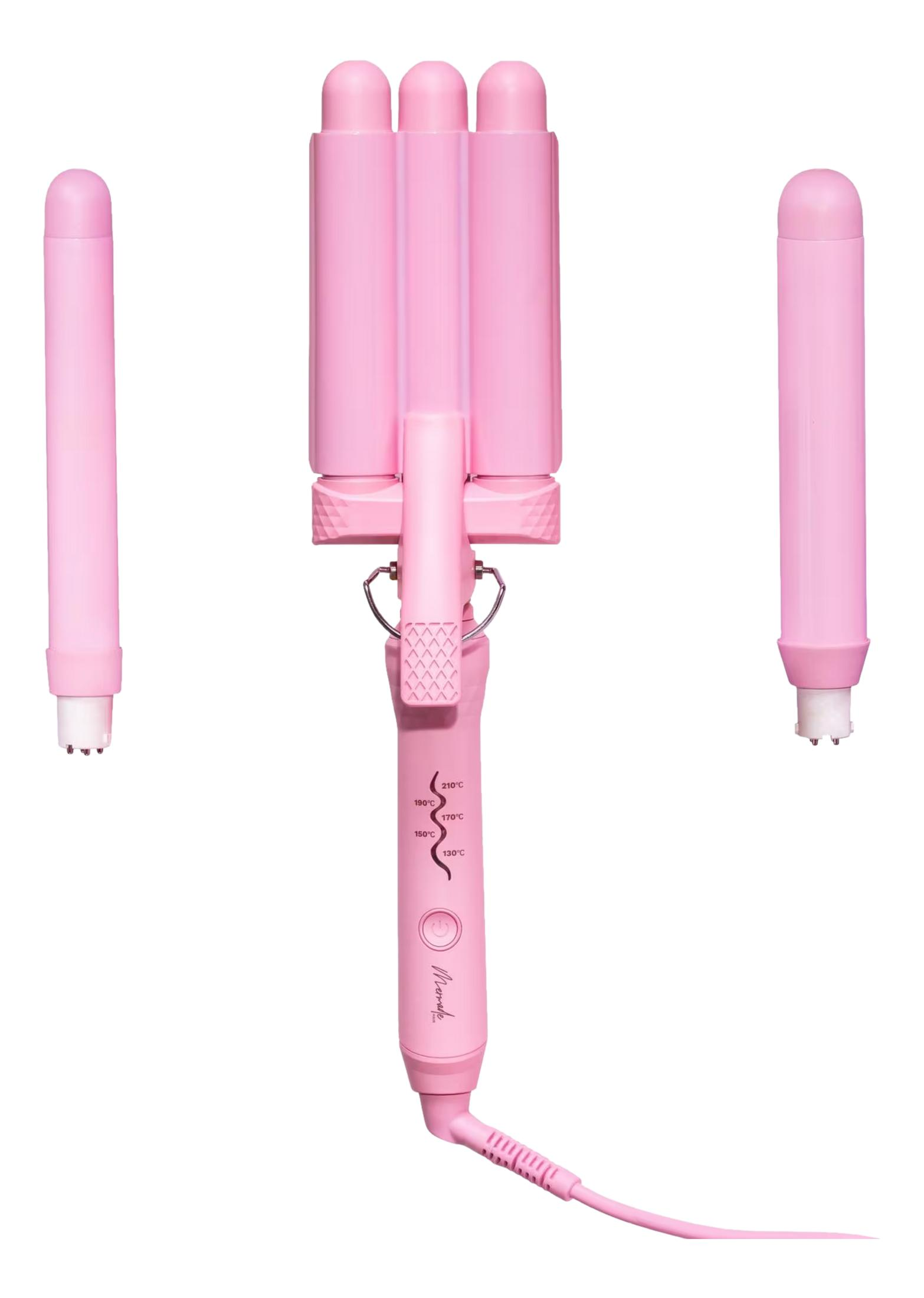 Ein pinker Lockenstab mit drei Wellenaufsätzen und zwei einzelnen Stäben.