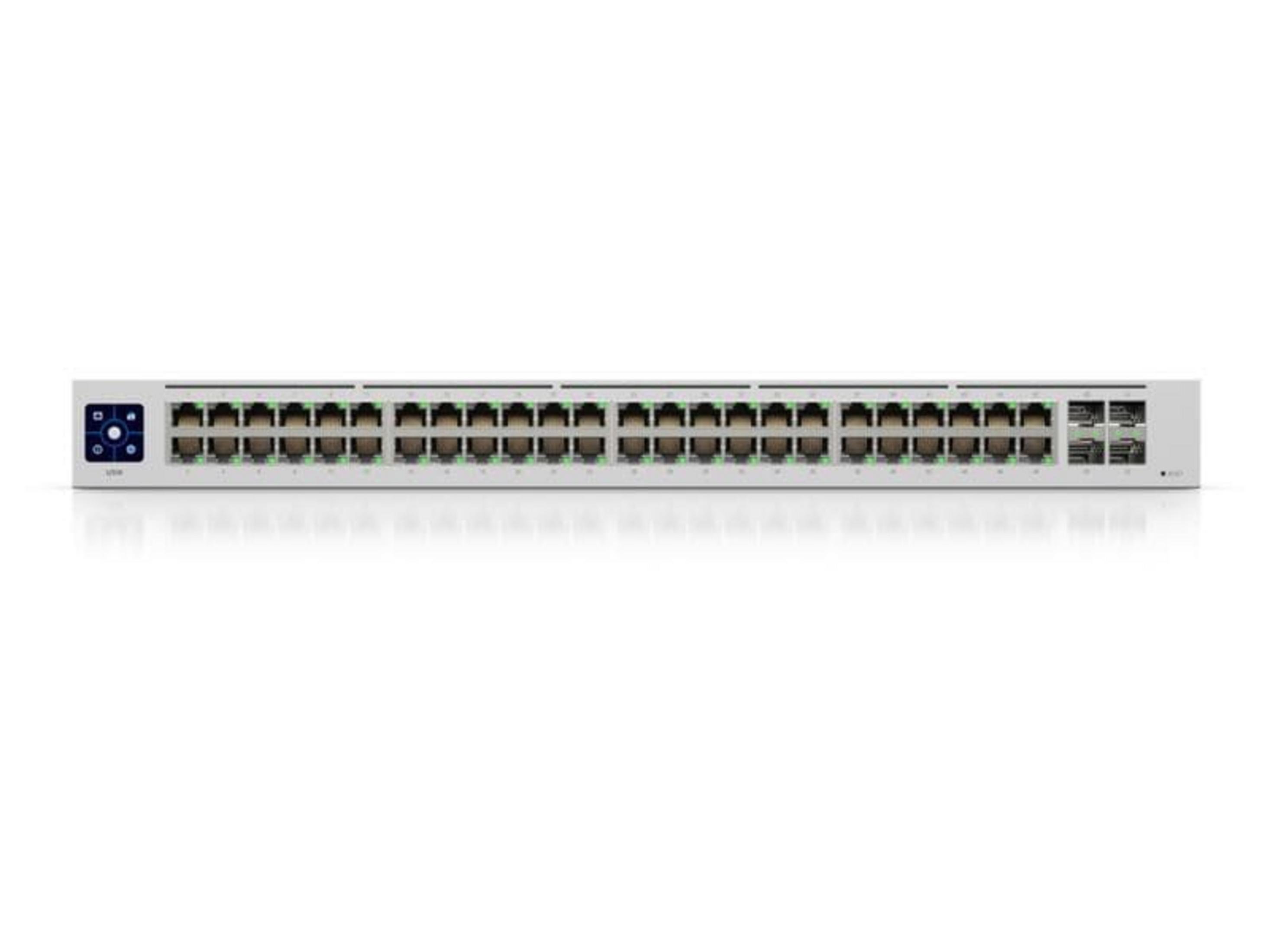 Ein weißer Netzwerk-Switch mit vielen Ports und blauen Bedienelementen.