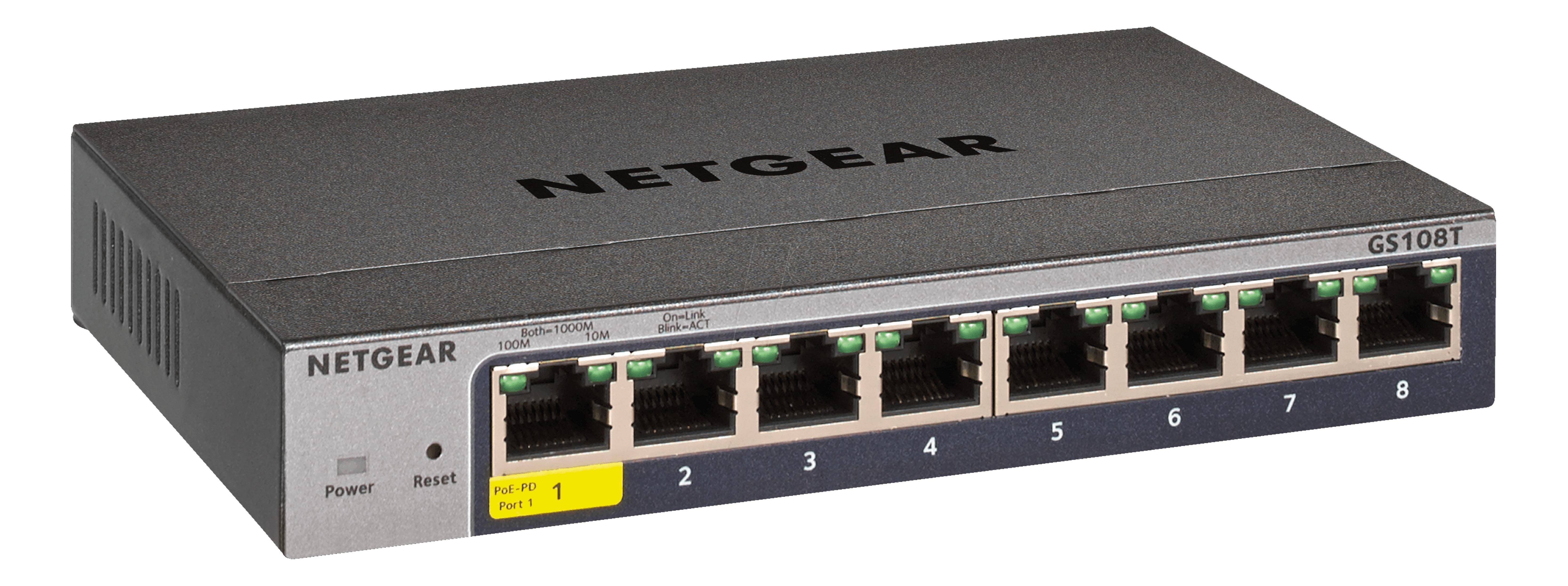 Czarny 8-portowy switch Gigabit Netgear GS108T. Po lewej zasilanie i reset.