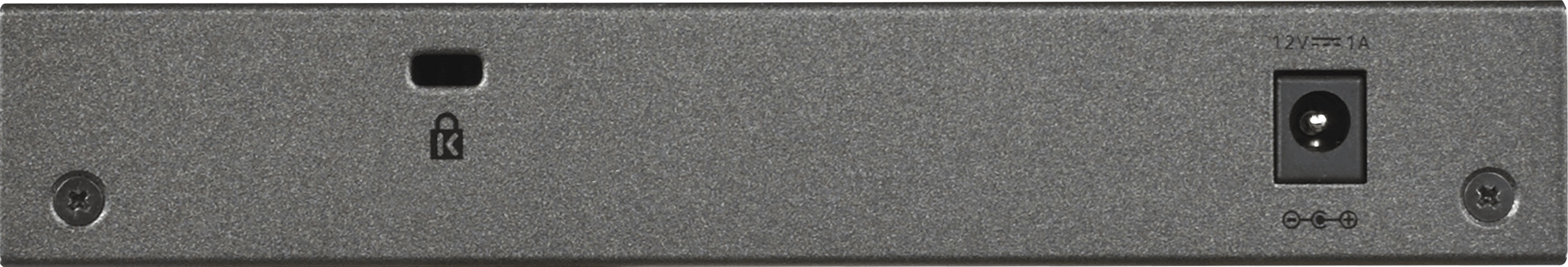 Szara metalowa obudowa z portem zasilania i symbolem blokady.