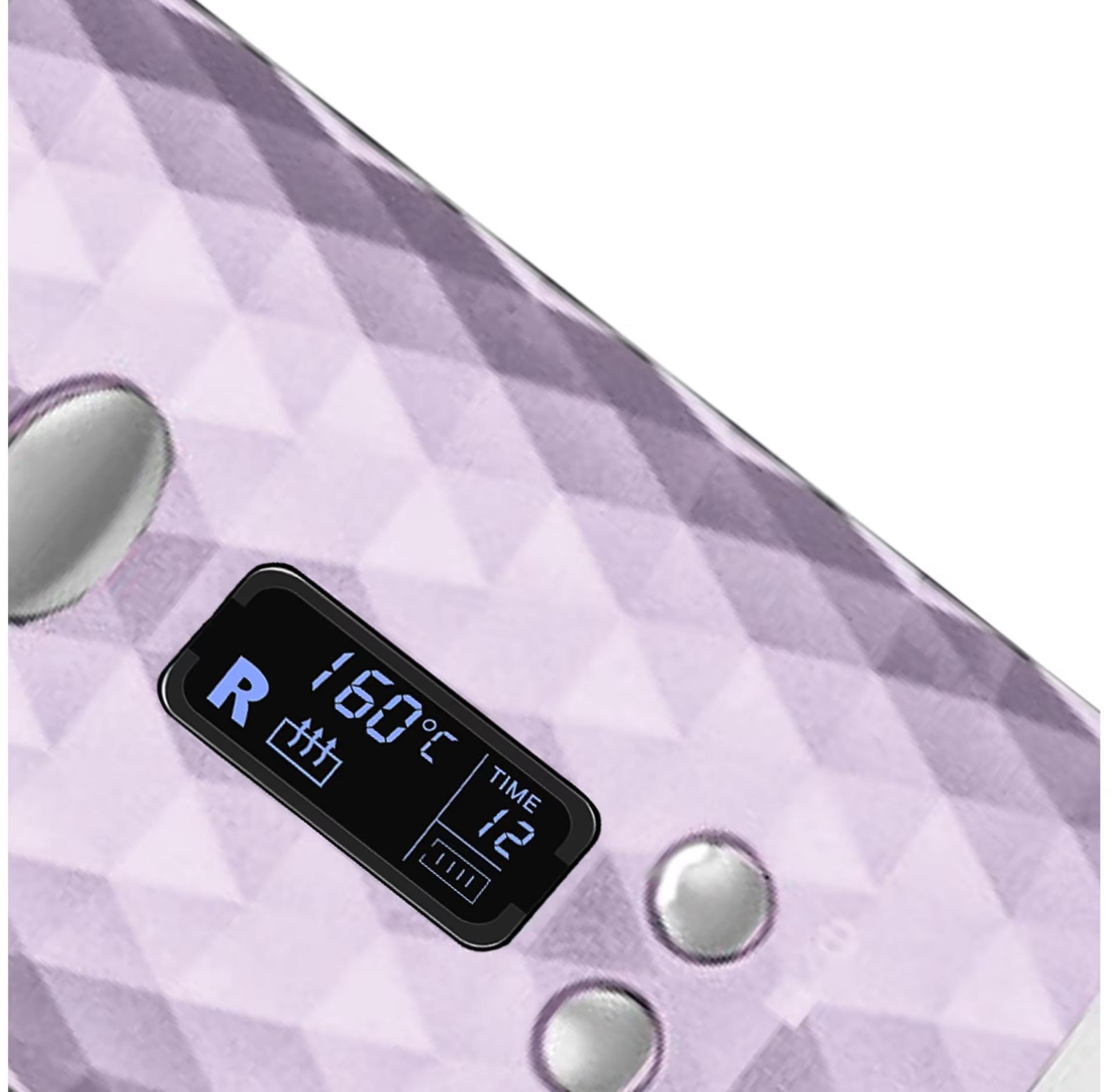 Lila gerahmtes Gerät mit digitaler Anzeige (160°C, Zeit 12) und Knöpfen.
