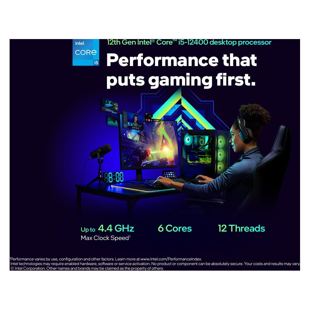 Gracz przy PC z procesorem Intel Core i5-12400. Do 4,4 GHz, 6 rdzeni, 12 wątków.