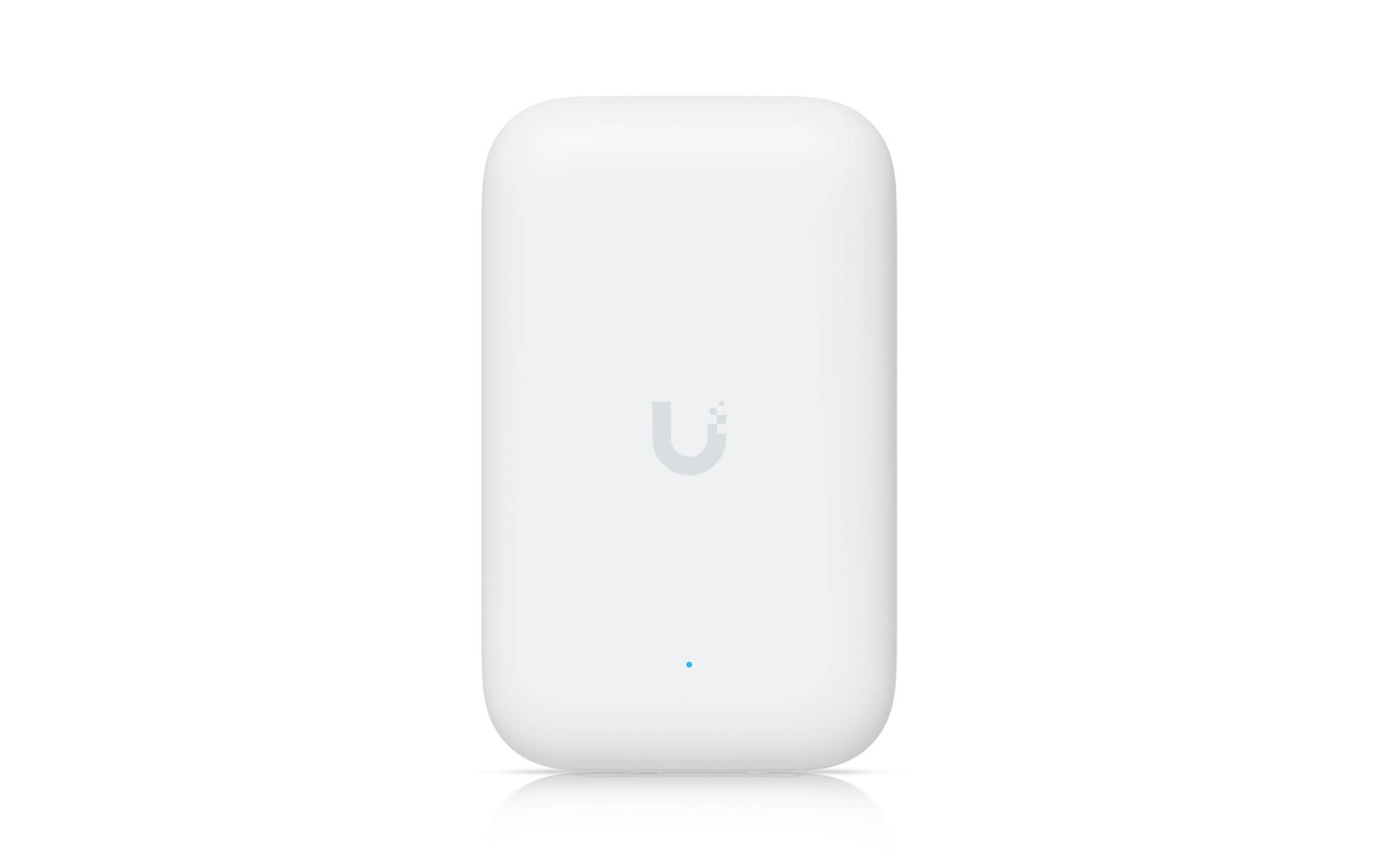 Białe urządzenie z szarym logo U i niebieską kropką.